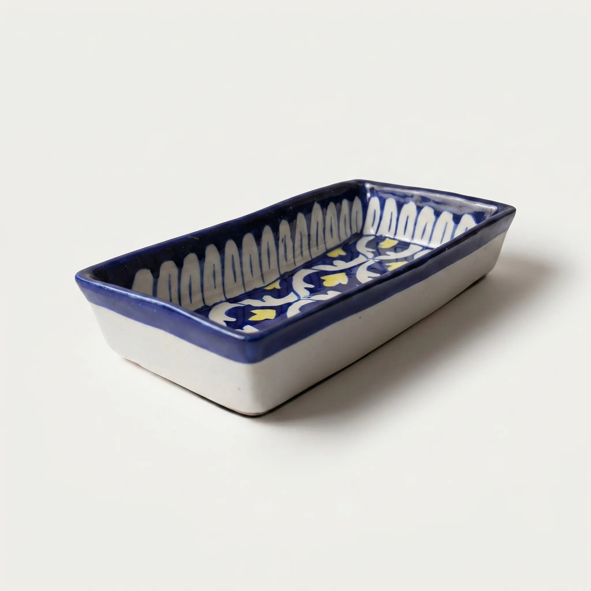 Multani Blue Pottery Rectangular Dish – Hand-Painted Geometric Floral Snack Tray (8 Inch, Yellow Accent)