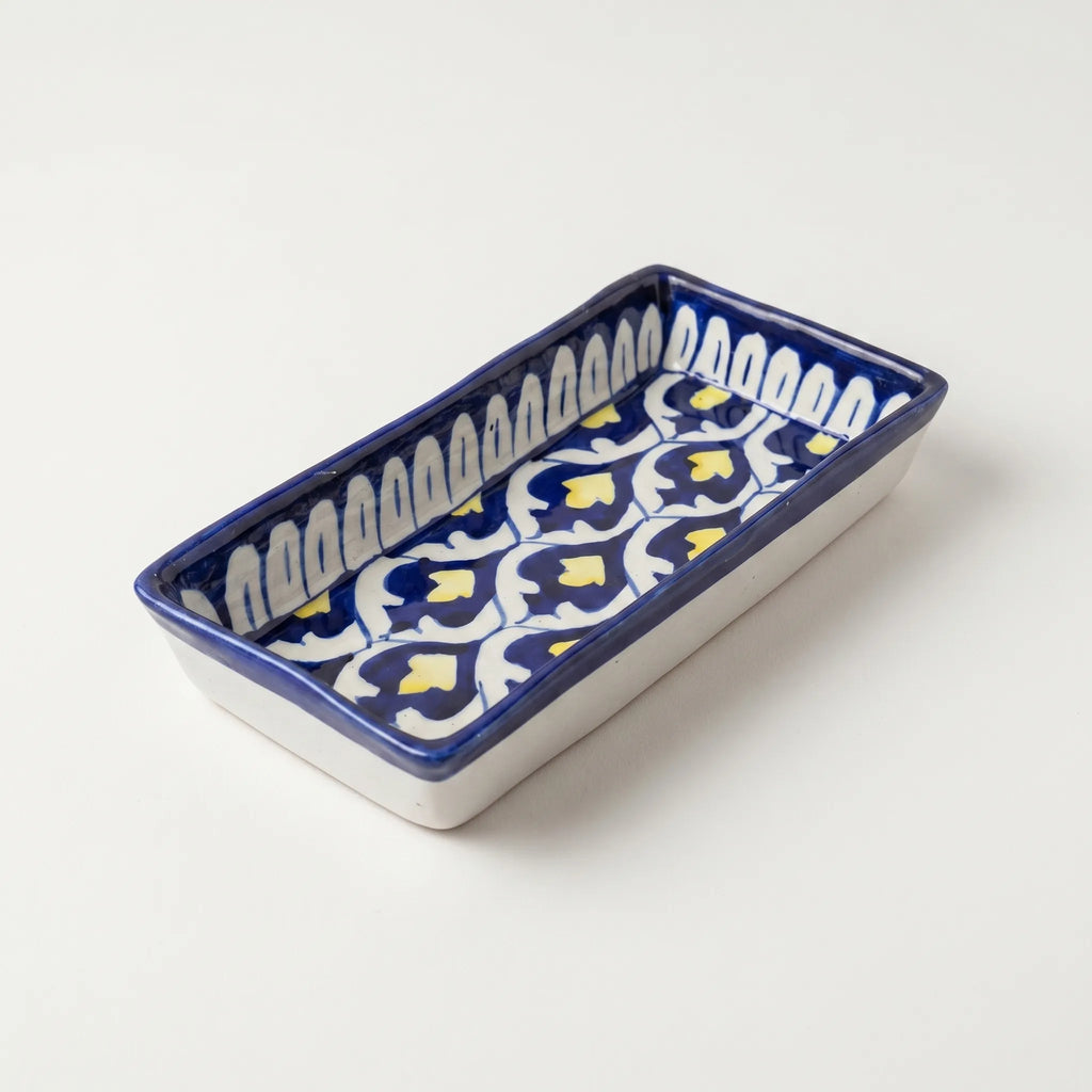 Multani Blue Pottery Rectangular Dish – Hand-Painted Geometric Floral Snack Tray (8 Inch, Yellow Accent)