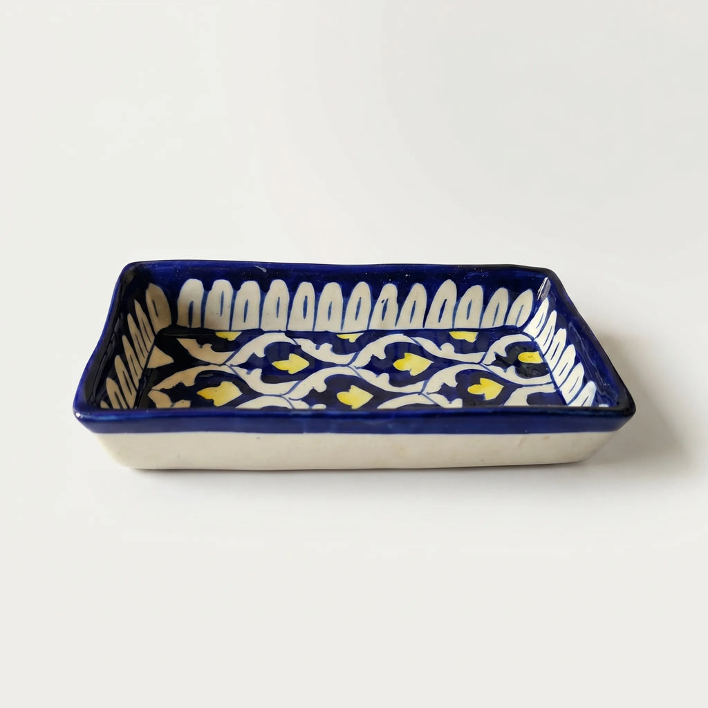 Multani Blue Pottery Rectangular Dish – Hand-Painted Geometric Floral Snack Tray (8 Inch, Yellow Accent)