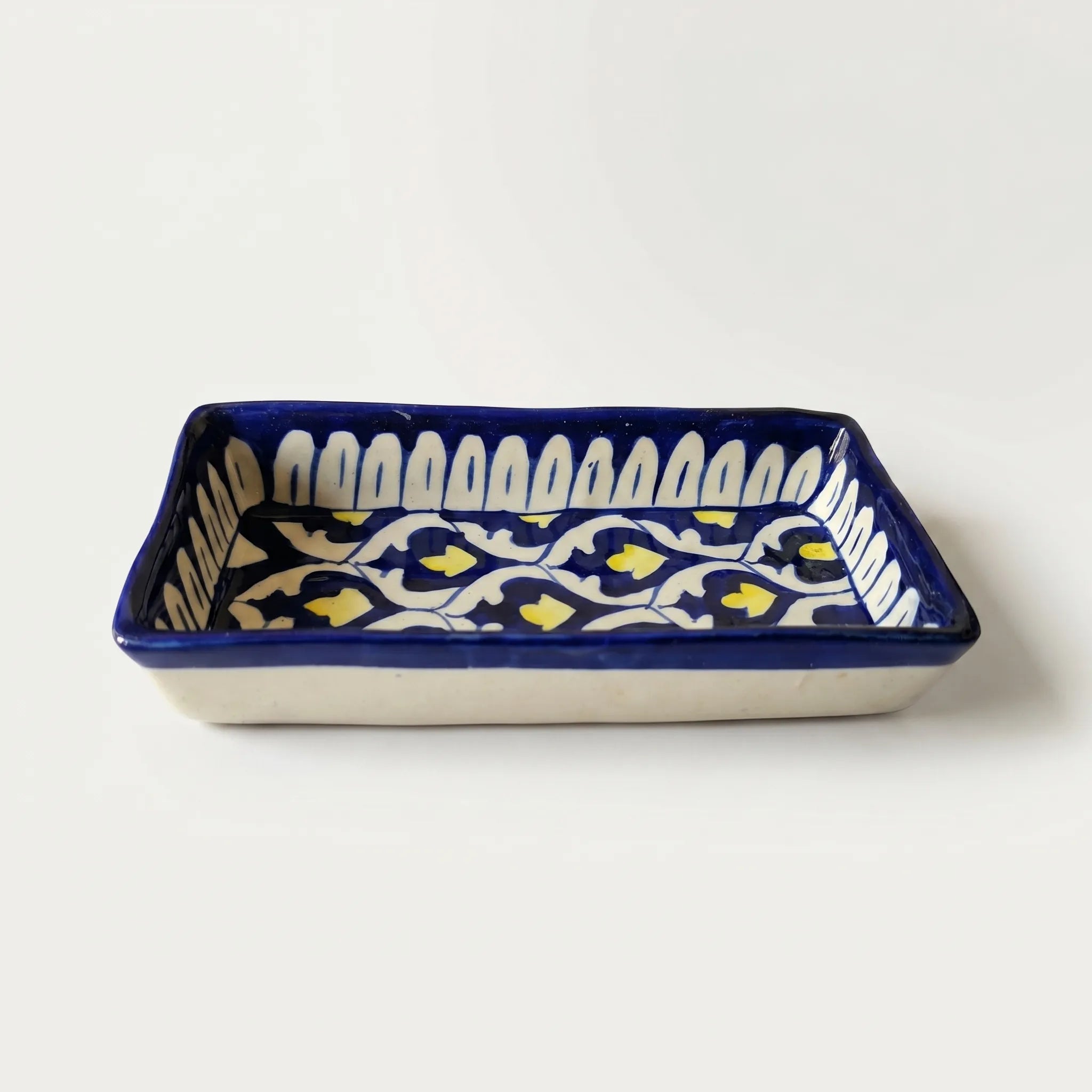 Multani Blue Pottery Rectangular Dish – Hand-Painted Geometric Floral Snack Tray (8 Inch, Yellow Accent)