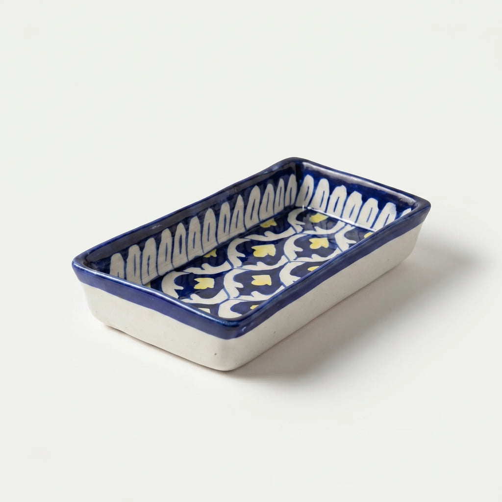 Multani Blue Pottery Rectangular Dish – Hand-Painted Geometric Floral Snack Tray (8 Inch, Yellow Accent)