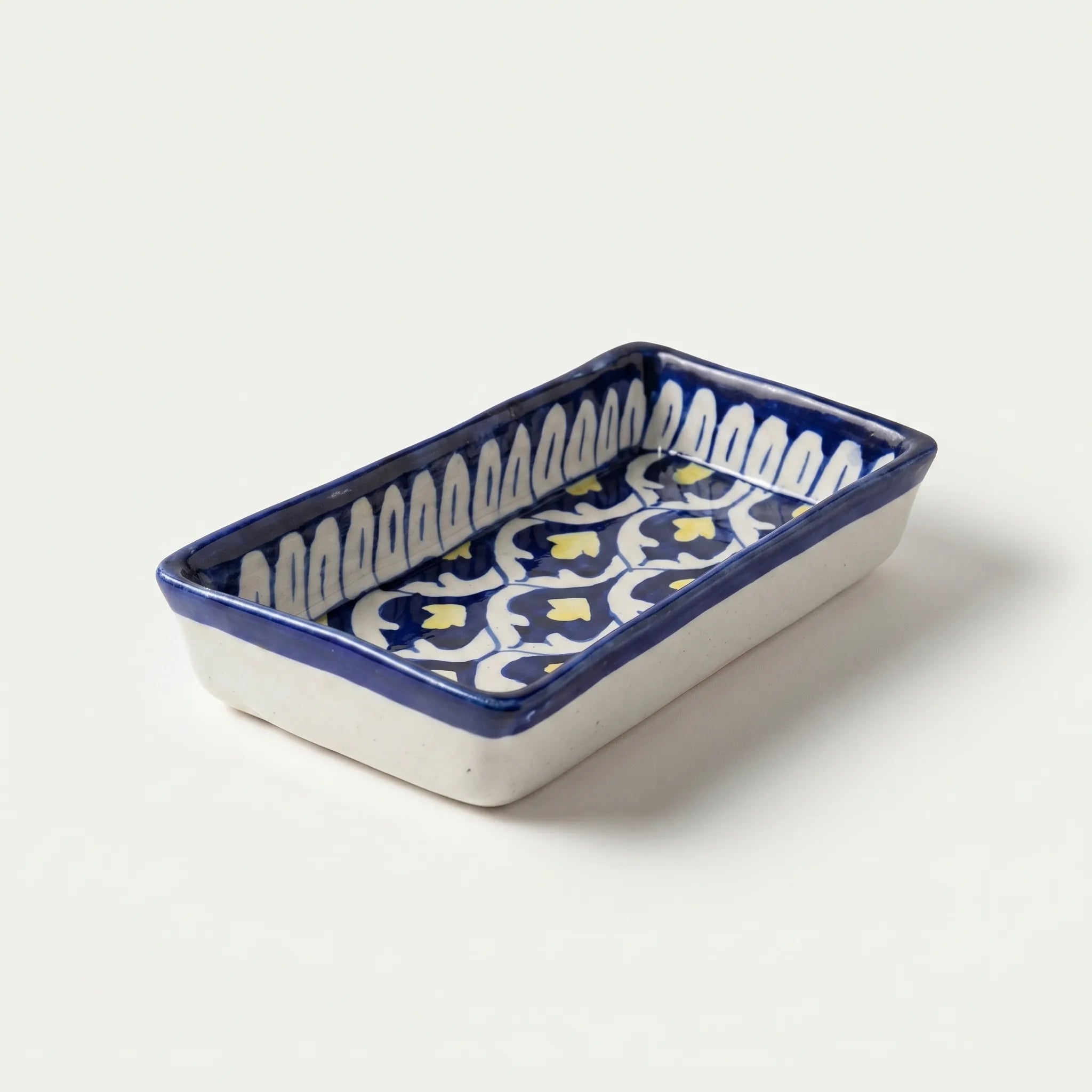 Multani Blue Pottery Rectangular Dish – Hand-Painted Geometric Floral Snack Tray (8 Inch, Yellow Accent)
