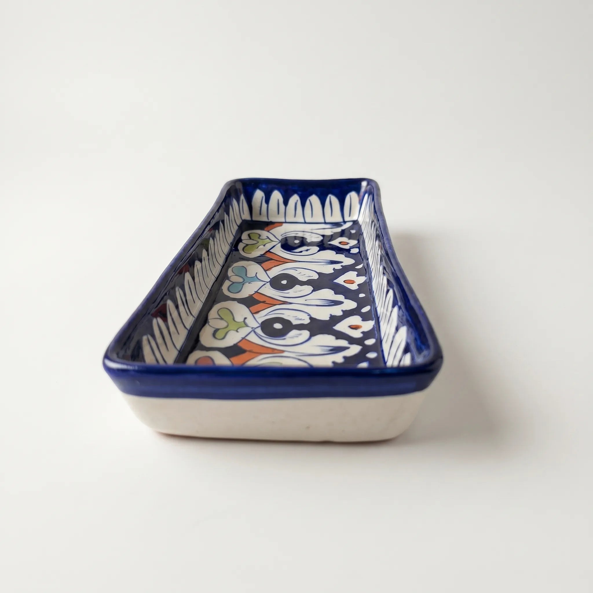 Multani Blue Pottery Rectangular Dish – Hand-Painted Bird Motif Snack Tray (8 Inch Ceramic Serving Dish)