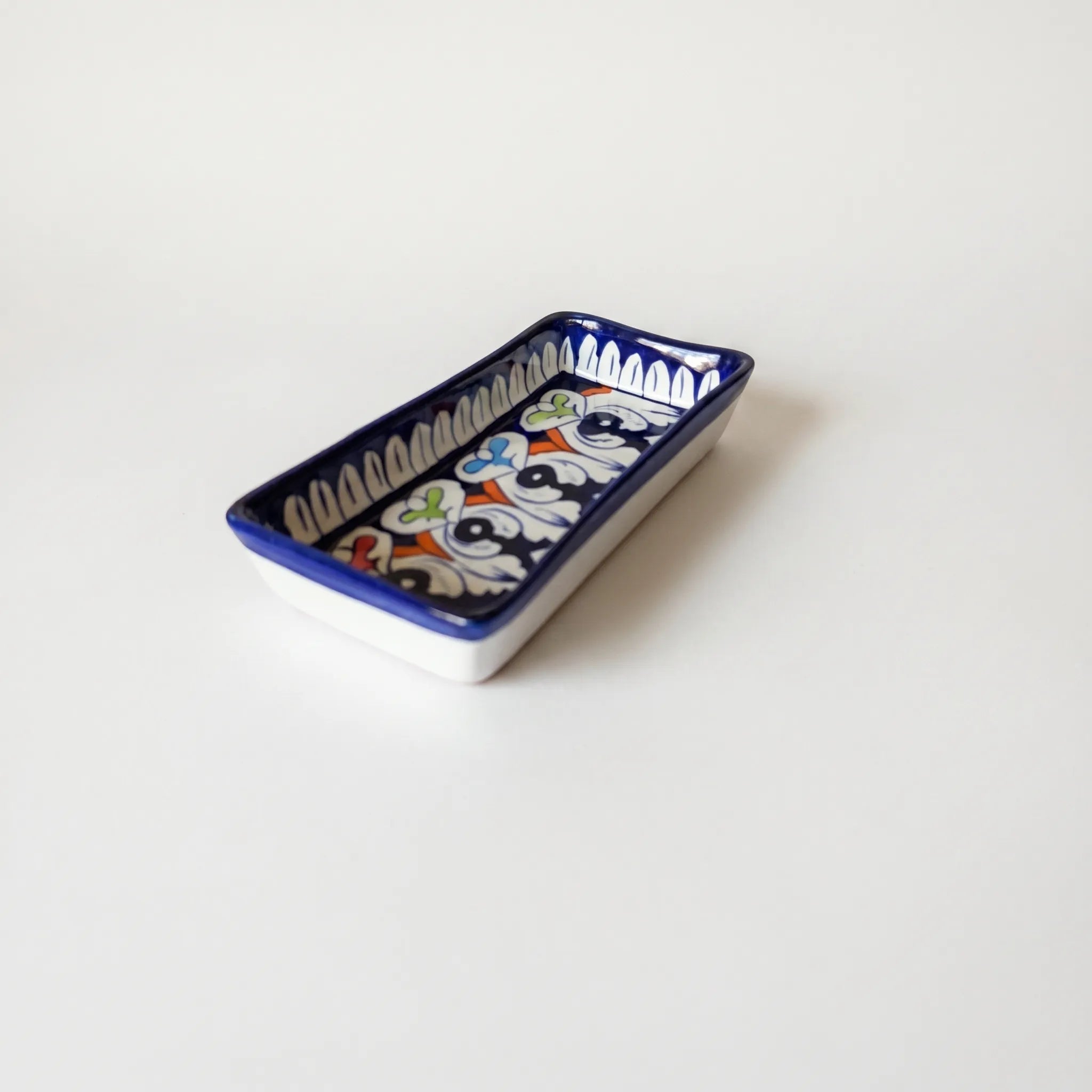 Multani Blue Pottery Rectangular Dish – Hand-Painted Bird Motif Snack Tray (8 Inch Ceramic Serving Dish)