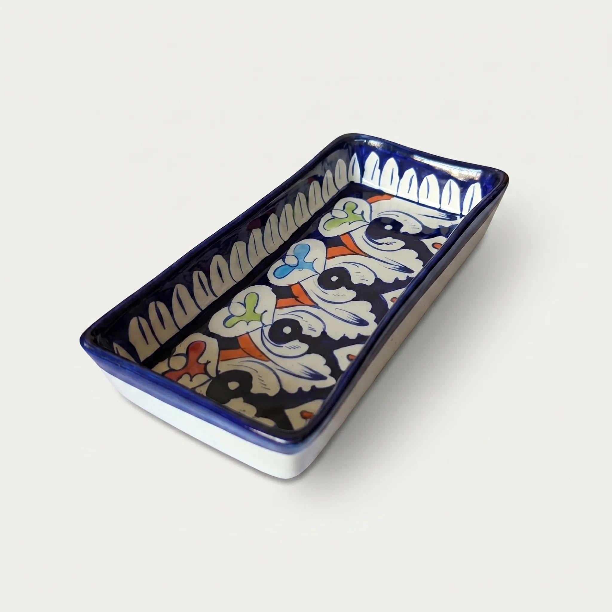 Multani Blue Pottery Rectangular Dish – Hand-Painted Bird Motif Snack Tray (8 Inch Ceramic Serving Dish)