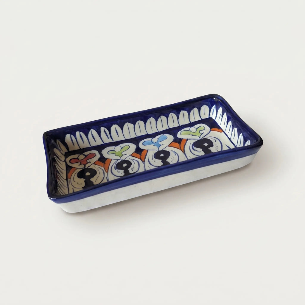 Multani Blue Pottery Rectangular Dish – Hand-Painted Bird Motif Snack Tray (8 Inch Ceramic Serving Dish)