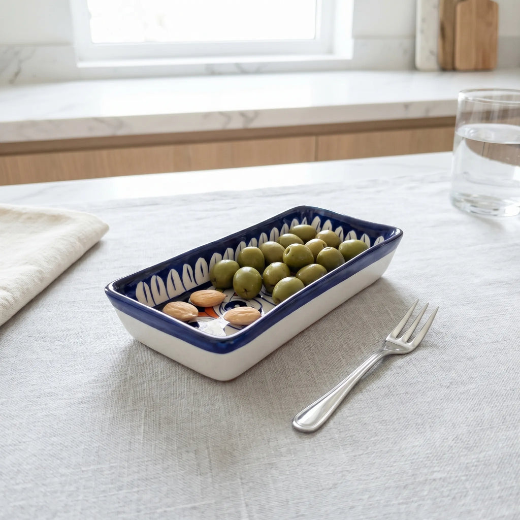 Multani Blue Pottery Rectangular Dish – Hand-Painted Bird Motif Snack Tray (8 Inch Ceramic Serving Dish)
