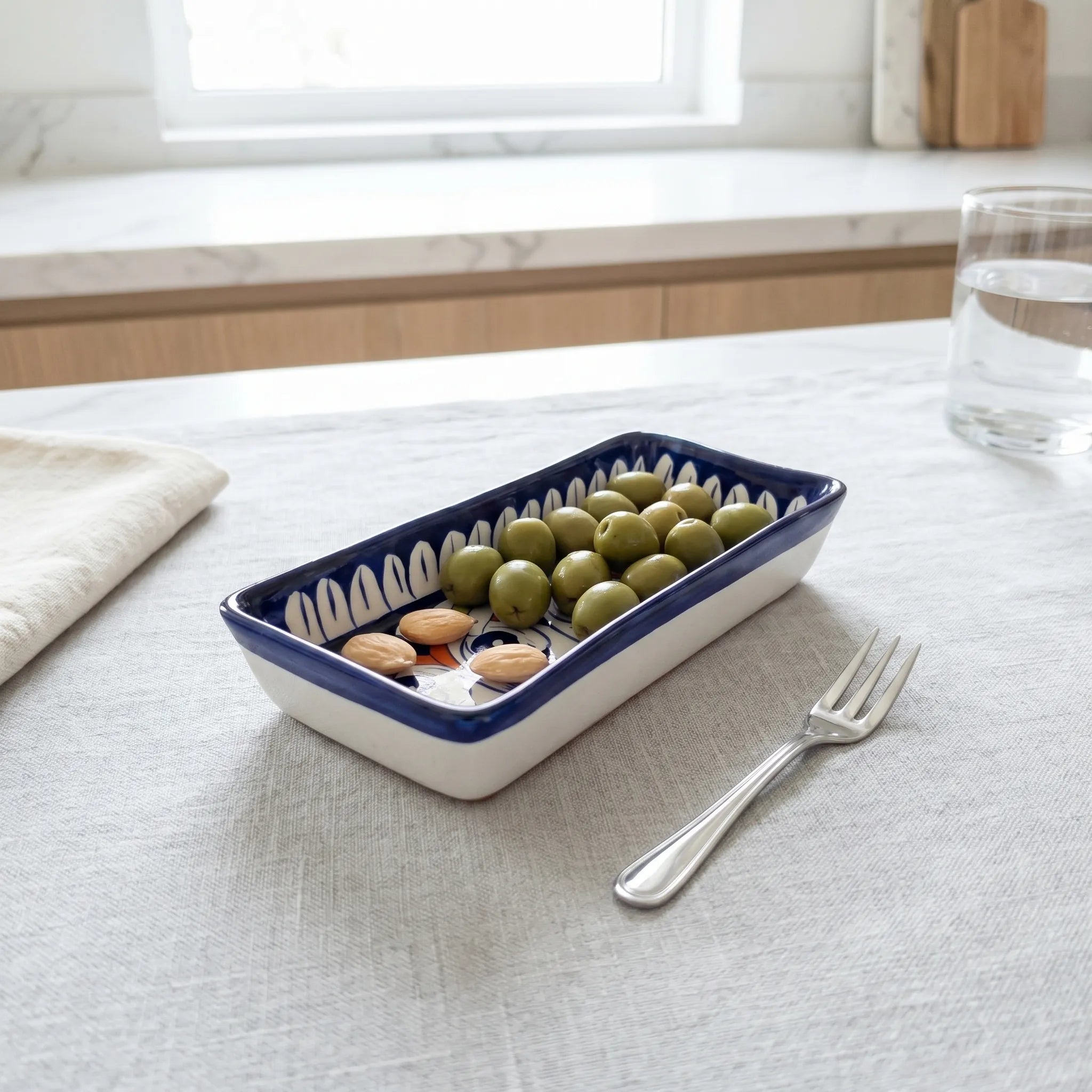 Multani Blue Pottery Rectangular Dish – Hand-Painted Bird Motif Snack Tray (8 Inch Ceramic Serving Dish)
