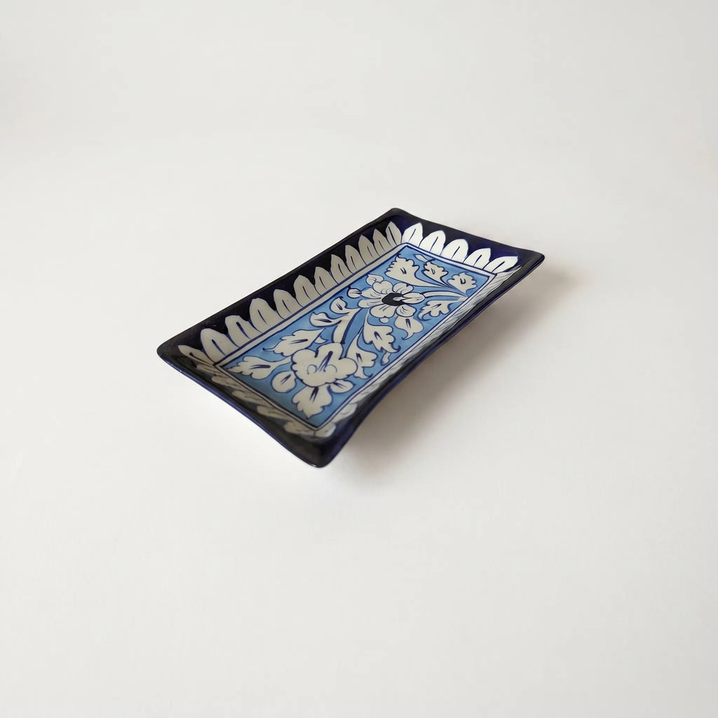 Multani Blue Pottery Flat Dish – 8 Inch Shallow Ceramic Snack Plate (Hand-Painted Floral Design)