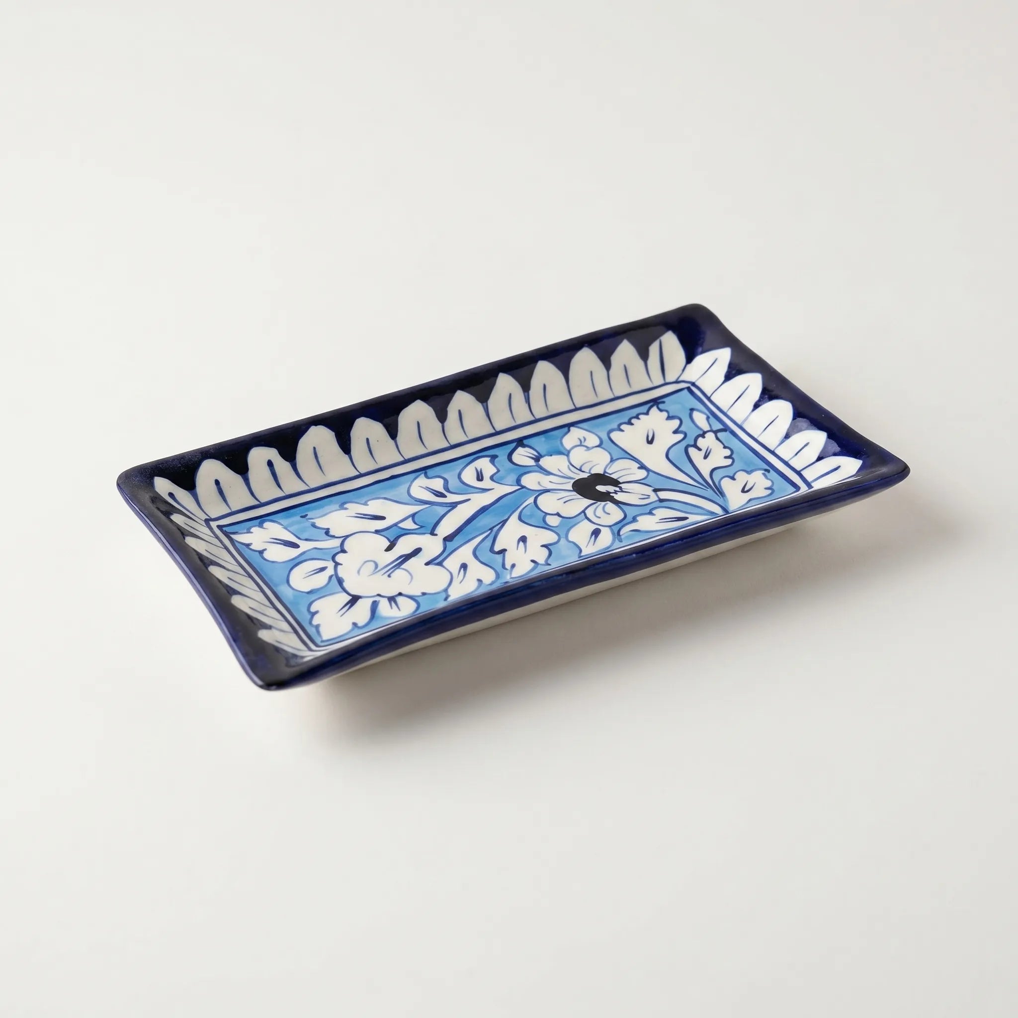 Multani Blue Pottery Flat Dish – 8 Inch Shallow Ceramic Snack Plate (Hand-Painted Floral Design)