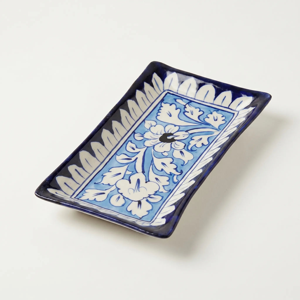 Multani Blue Pottery Flat Dish – 8 Inch Shallow Ceramic Snack Plate (Hand-Painted Floral Design)