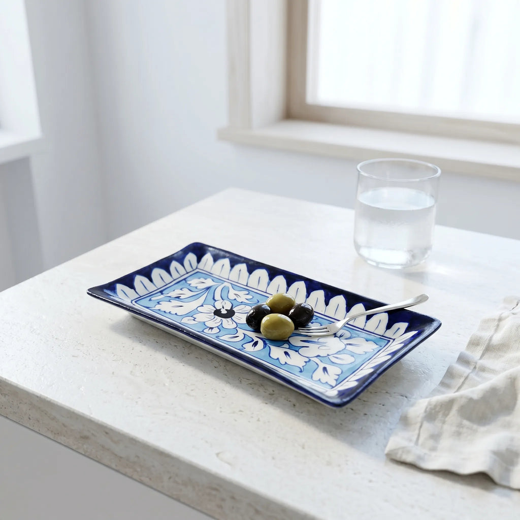 Multani Blue Pottery Flat Dish – 8 Inch Shallow Ceramic Snack Plate (Hand-Painted Floral Design)