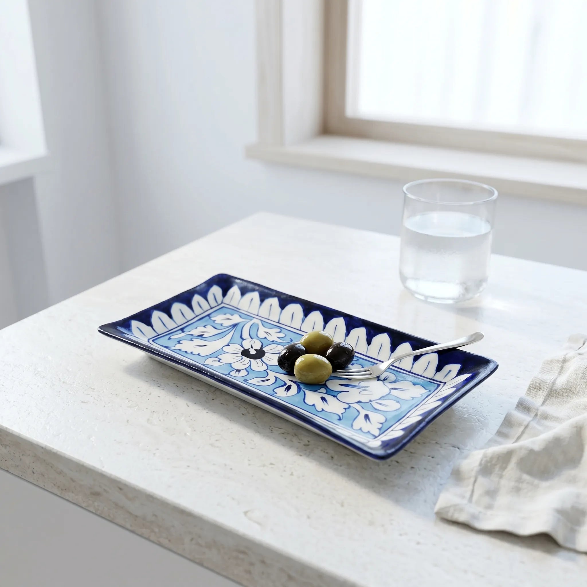 Multani Blue Pottery Flat Dish – 8 Inch Shallow Ceramic Snack Plate (Hand-Painted Floral Design)