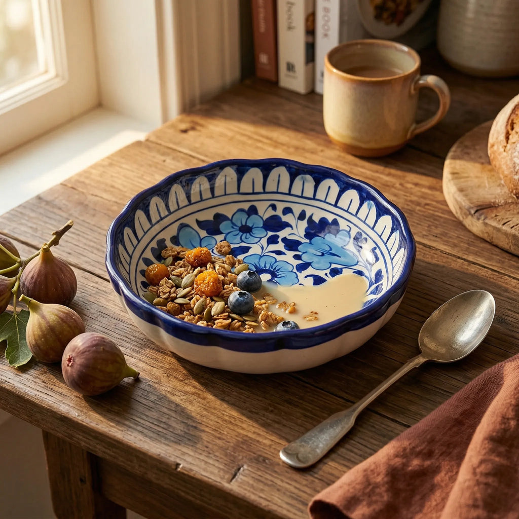 Multani Blue Pottery Apple Pie Dish – Handcrafted 8 Inch Ceramic Serving Dish with Classic Blue Floral Design (2 Inch Deep)