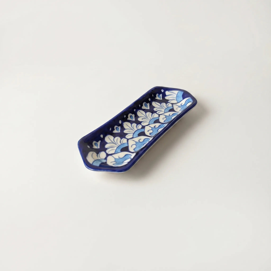 Multani Blue Pottery Narrow Flat Dish – 8 Inch Ceramic Snack Plate (Hand-Painted Floral Strip Design)
