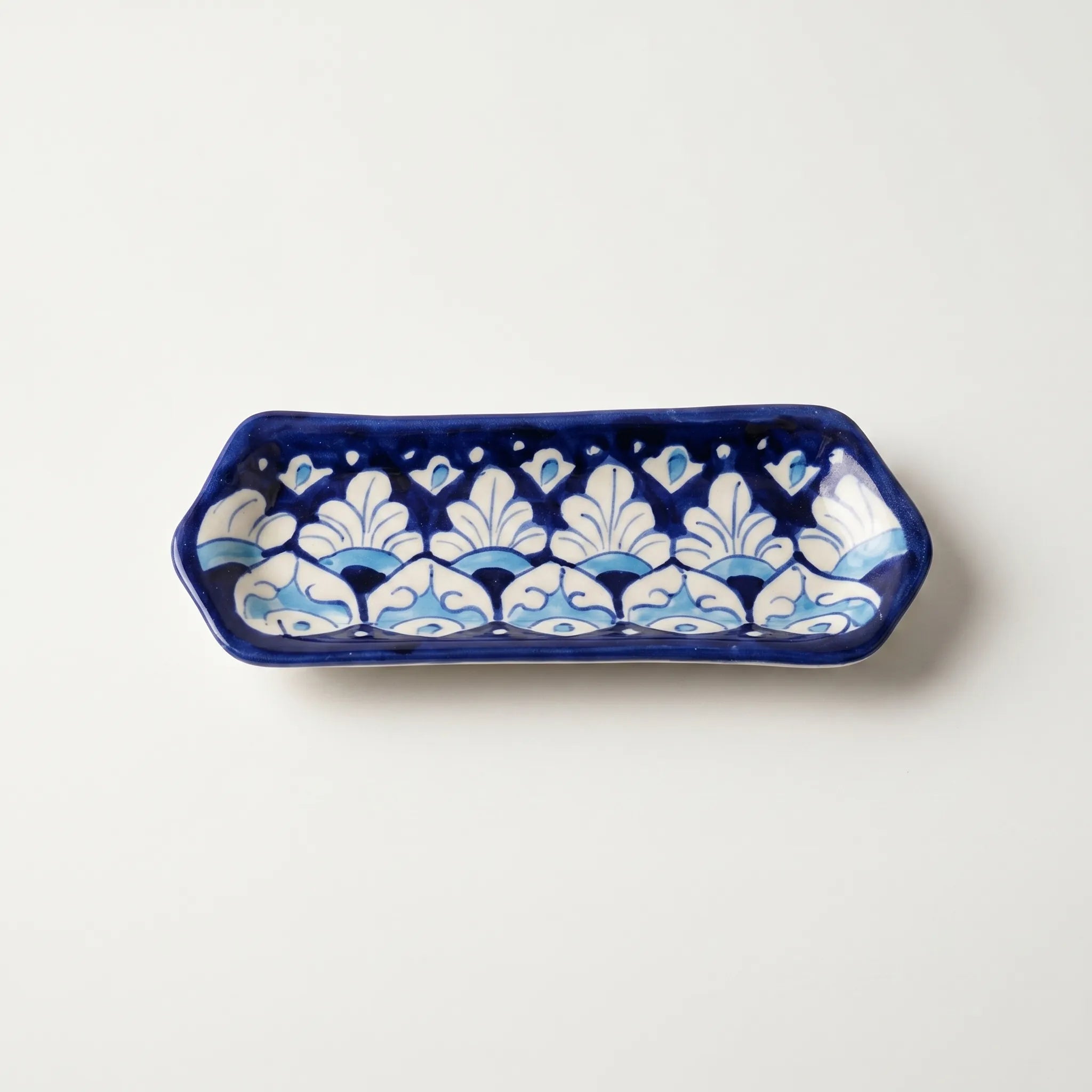 Multani Blue Pottery Narrow Flat Dish – 8 Inch Ceramic Snack Plate (Hand-Painted Floral Strip Design)