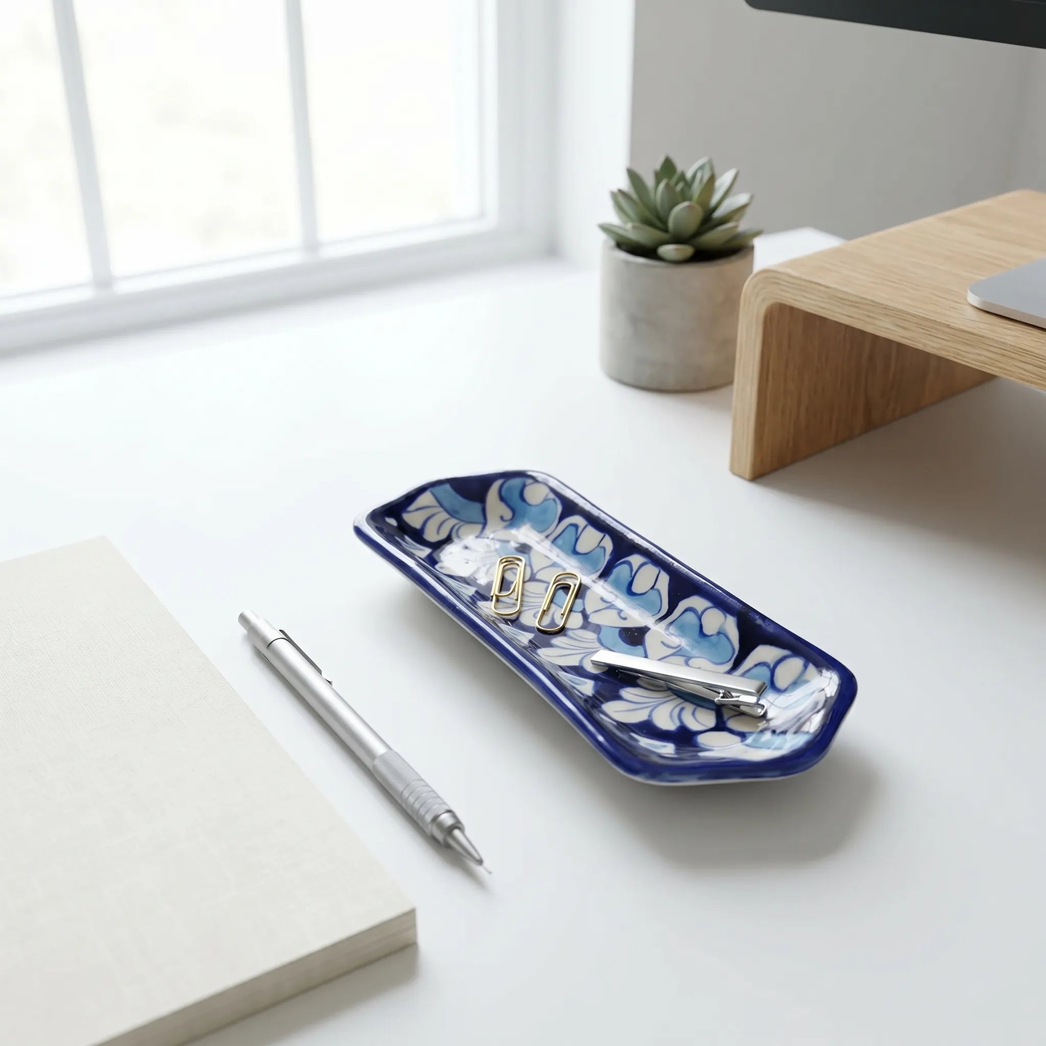 Multani Blue Pottery Narrow Flat Dish – 8 Inch Ceramic Snack Plate (Hand-Painted Floral Strip Design)