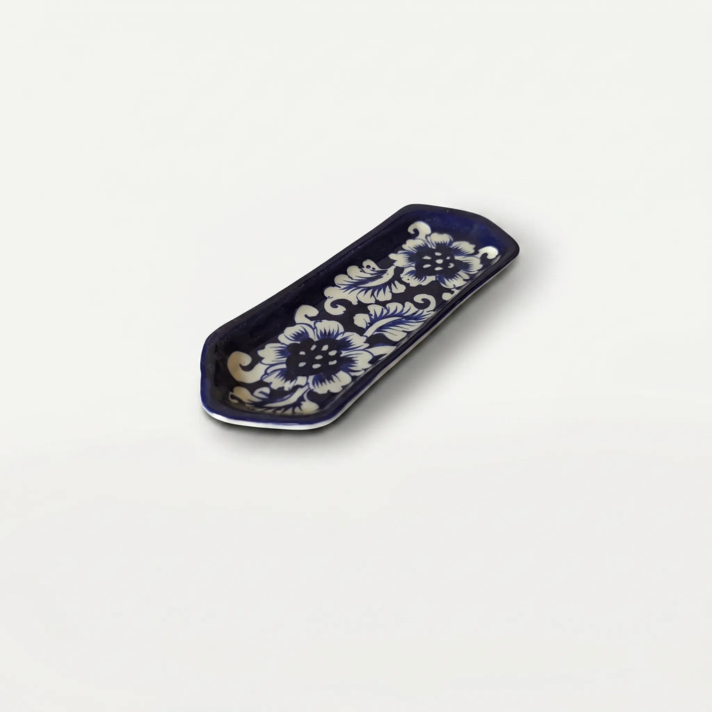 Multani Blue Pottery Narrow Flat Dish – 8 Inch Slim Ceramic Snack Tray (Classic Floral Design)