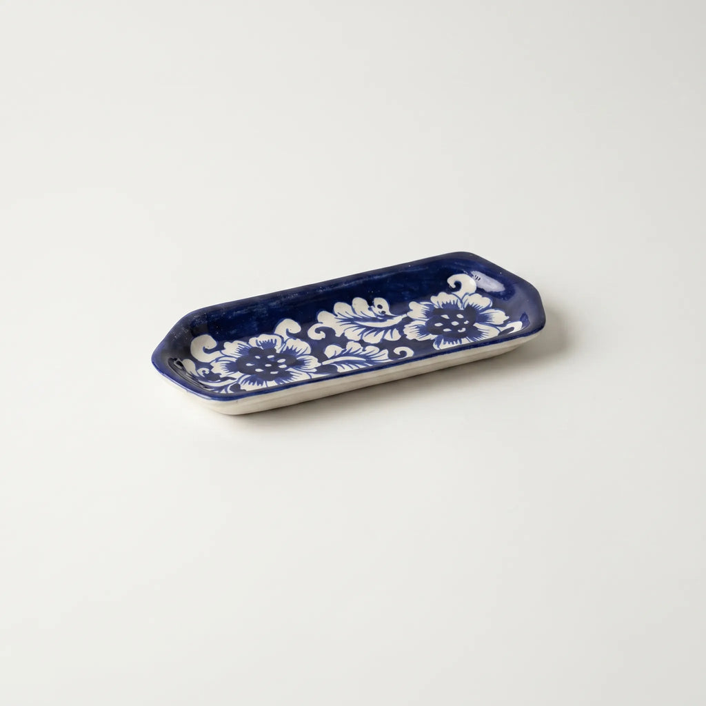 Multani Blue Pottery Narrow Flat Dish – 8 Inch Slim Ceramic Snack Tray (Classic Floral Design)