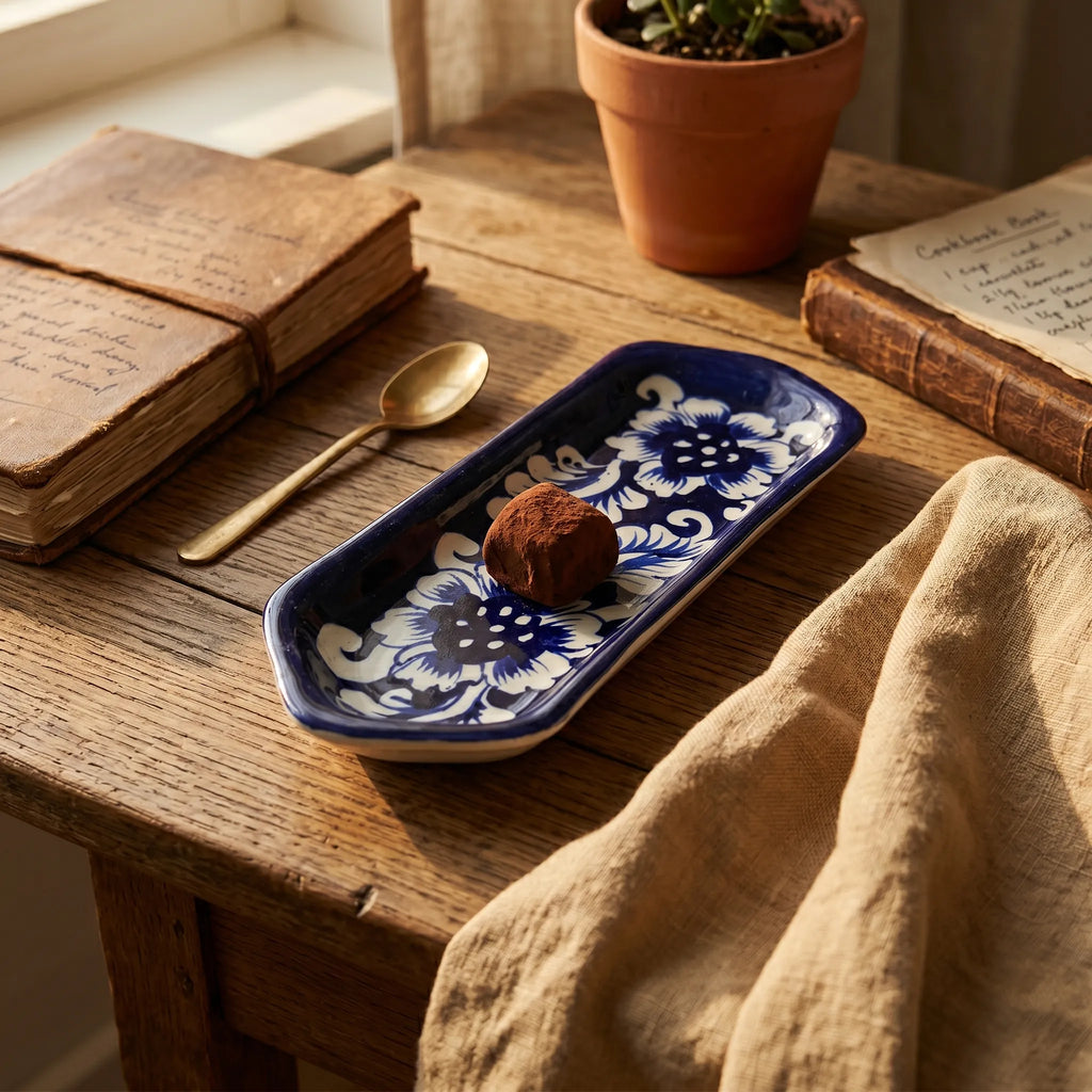 Multani Blue Pottery Narrow Flat Dish – 8 Inch Slim Ceramic Snack Tray (Classic Floral Design)