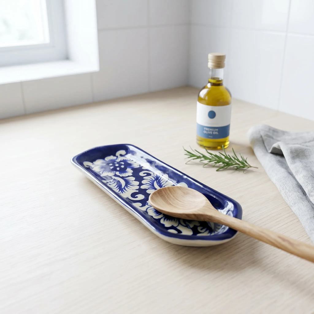 Multani Blue Pottery Narrow Flat Dish – 8 Inch Slim Ceramic Snack Tray (Classic Floral Design)