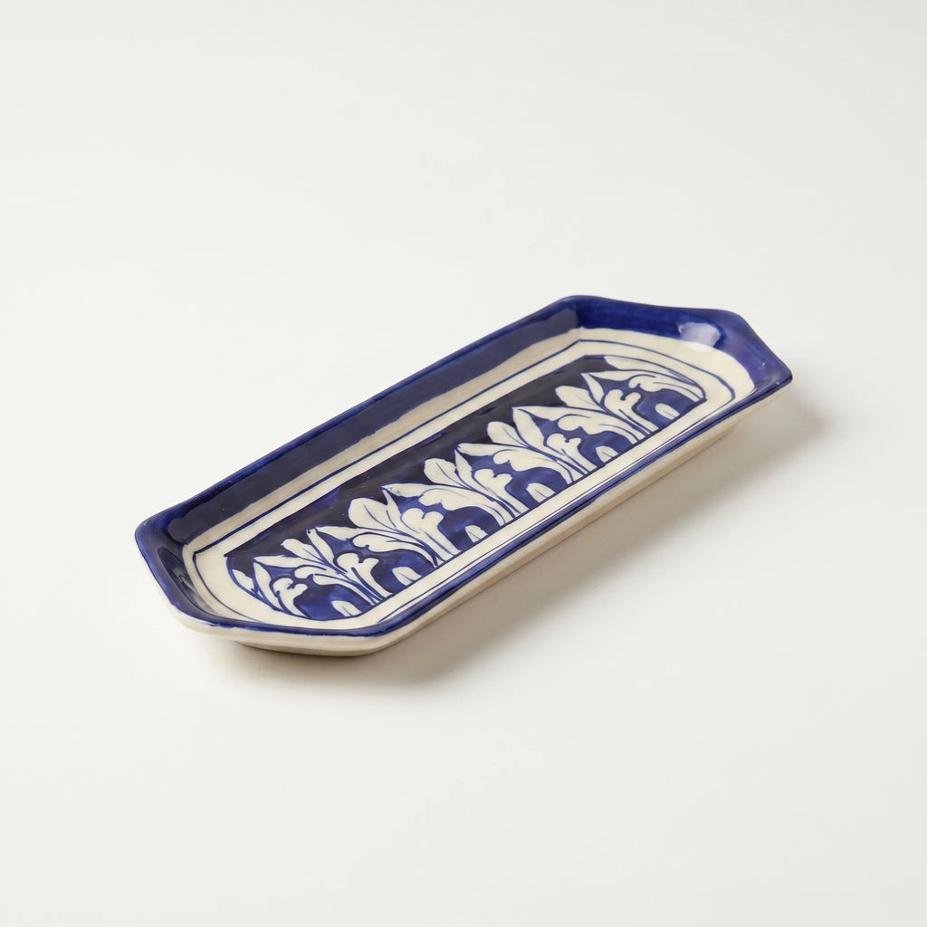 Multani Blue Pottery Slim Serving Dish – 8 Inch Narrow Ceramic Snack Tray (Hand-Painted Border Design)