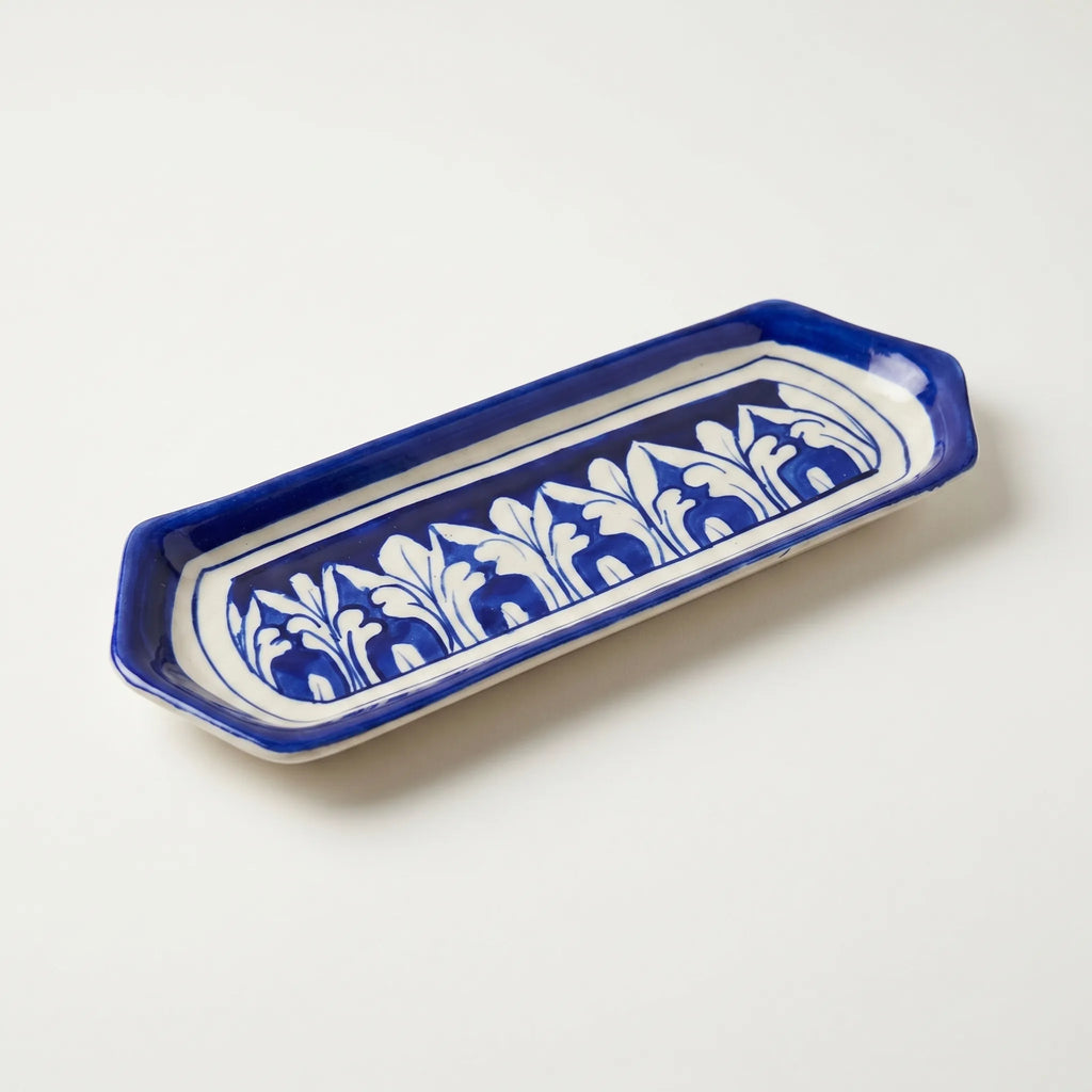 Multani Blue Pottery Slim Serving Dish – 8 Inch Narrow Ceramic Snack Tray (Hand-Painted Border Design)