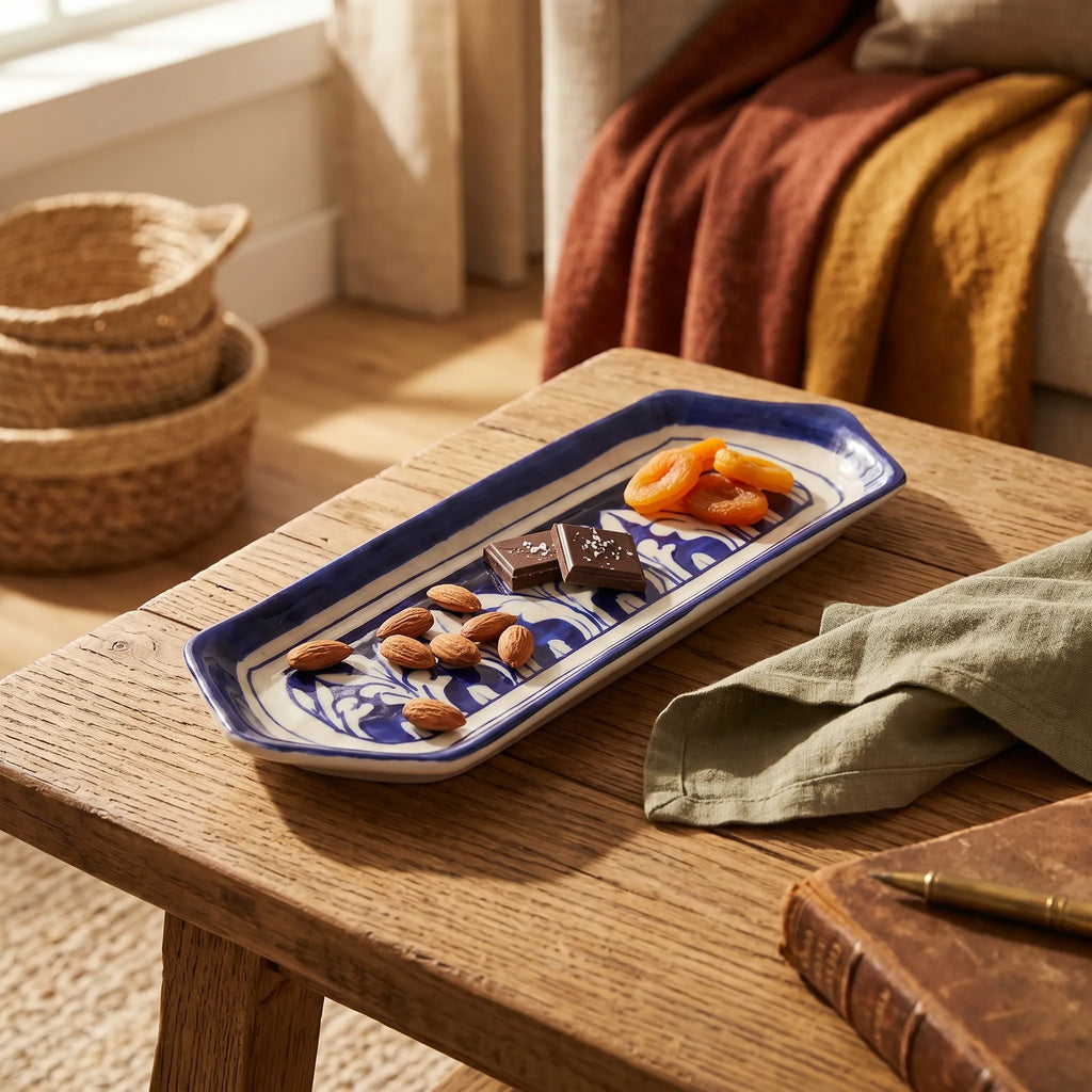 Multani Blue Pottery Slim Serving Dish – 8 Inch Narrow Ceramic Snack Tray (Hand-Painted Border Design)