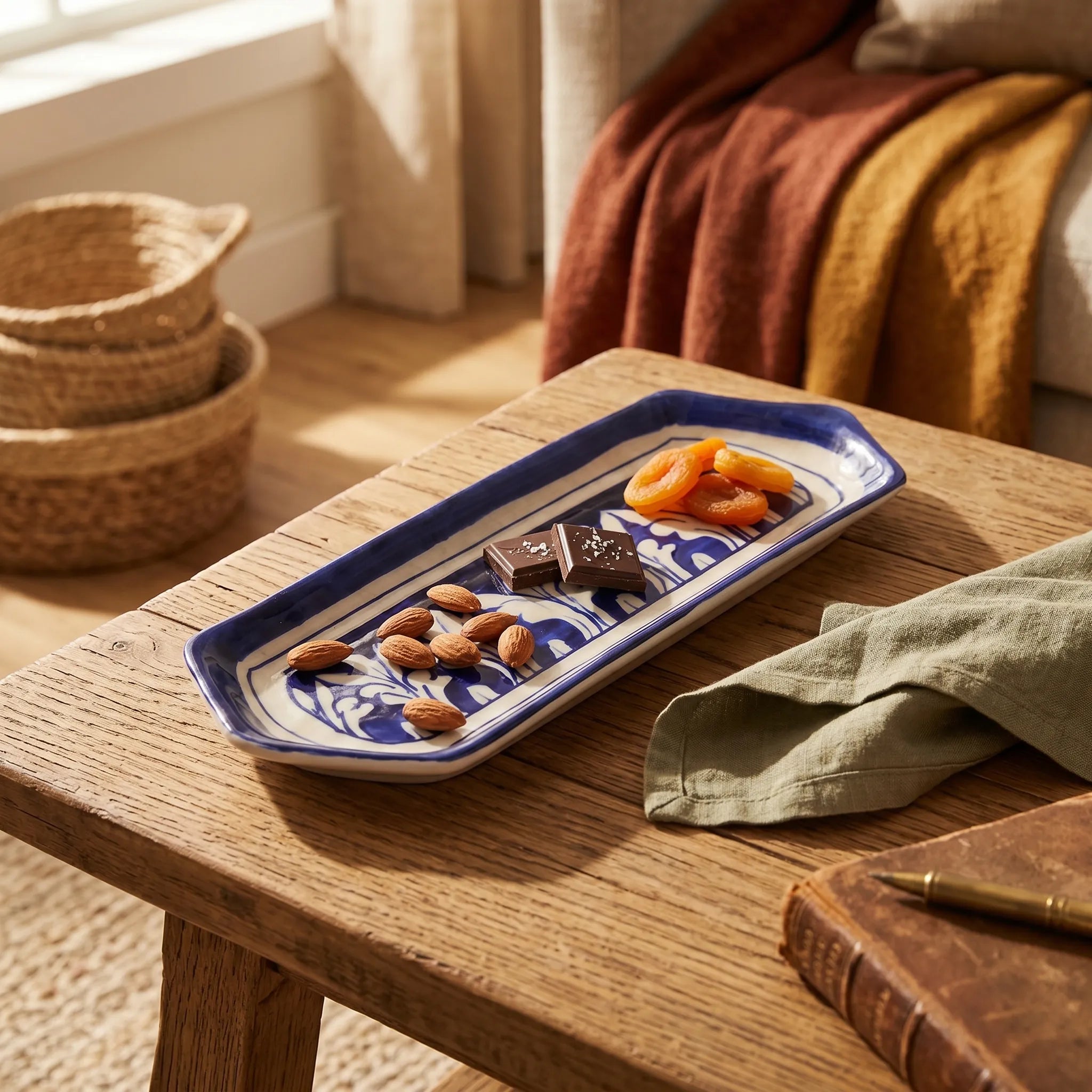 Multani Blue Pottery Slim Serving Dish – 8 Inch Narrow Ceramic Snack Tray (Hand-Painted Border Design)