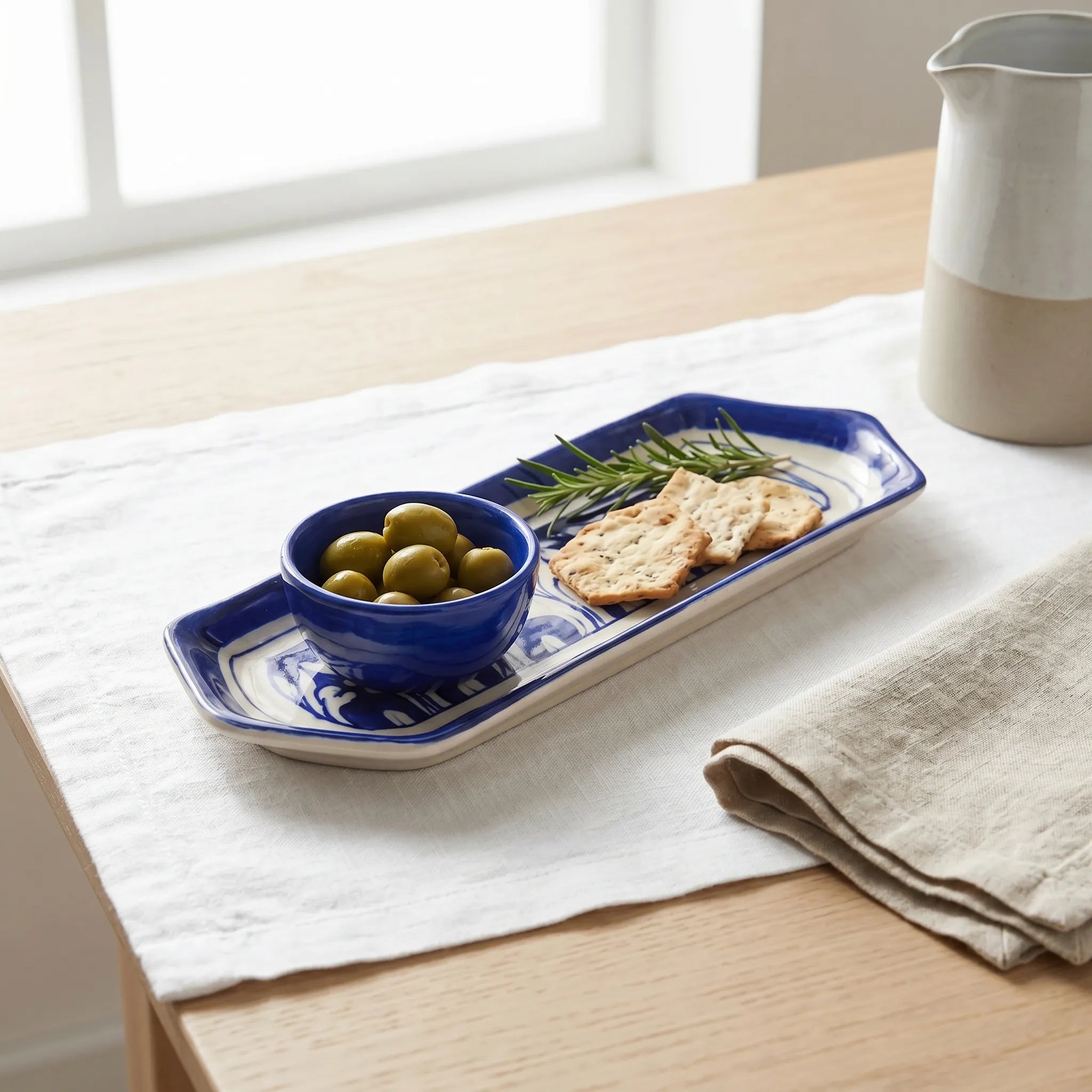 Multani Blue Pottery Slim Serving Dish – 8 Inch Narrow Ceramic Snack Tray (Hand-Painted Border Design)