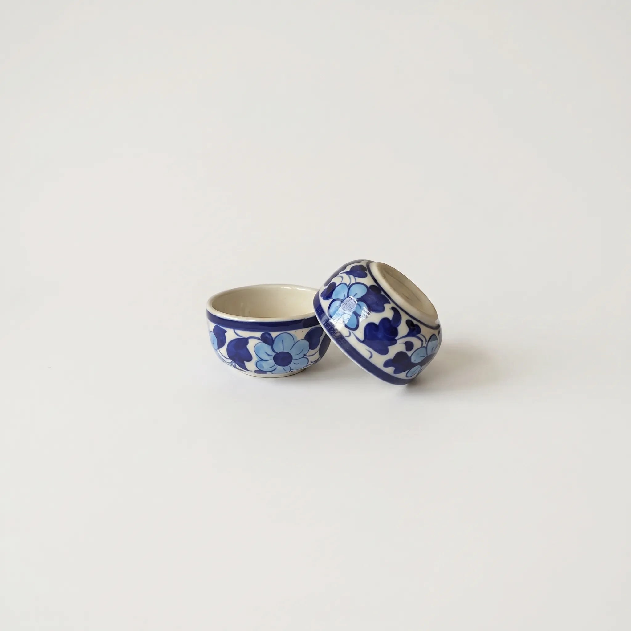 Blue Pottery Floral Small Serving Bowl - 3 Inch -Light & Dark Blue