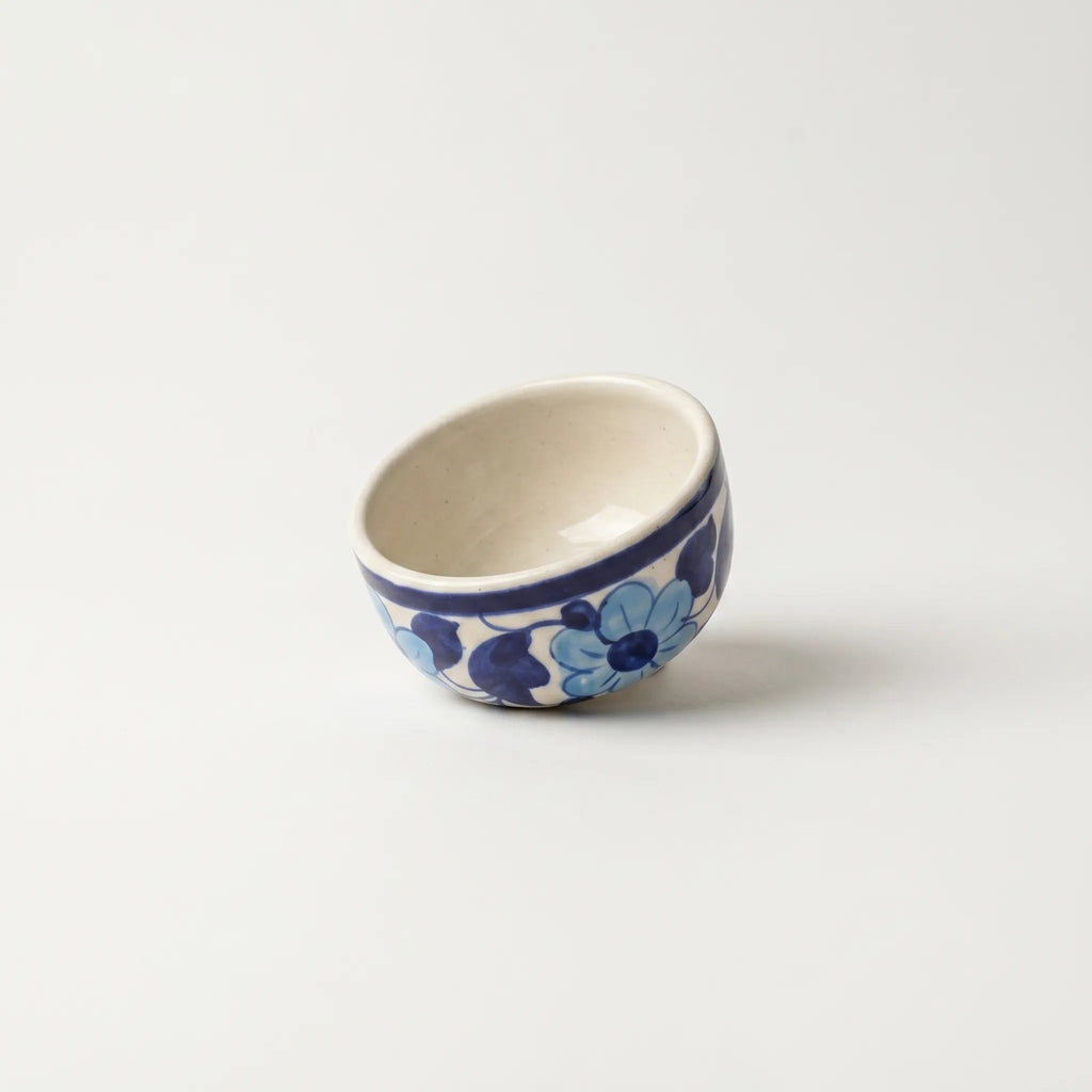 Blue Pottery Floral Small Serving Bowl - 3 Inch -Light & Dark Blue