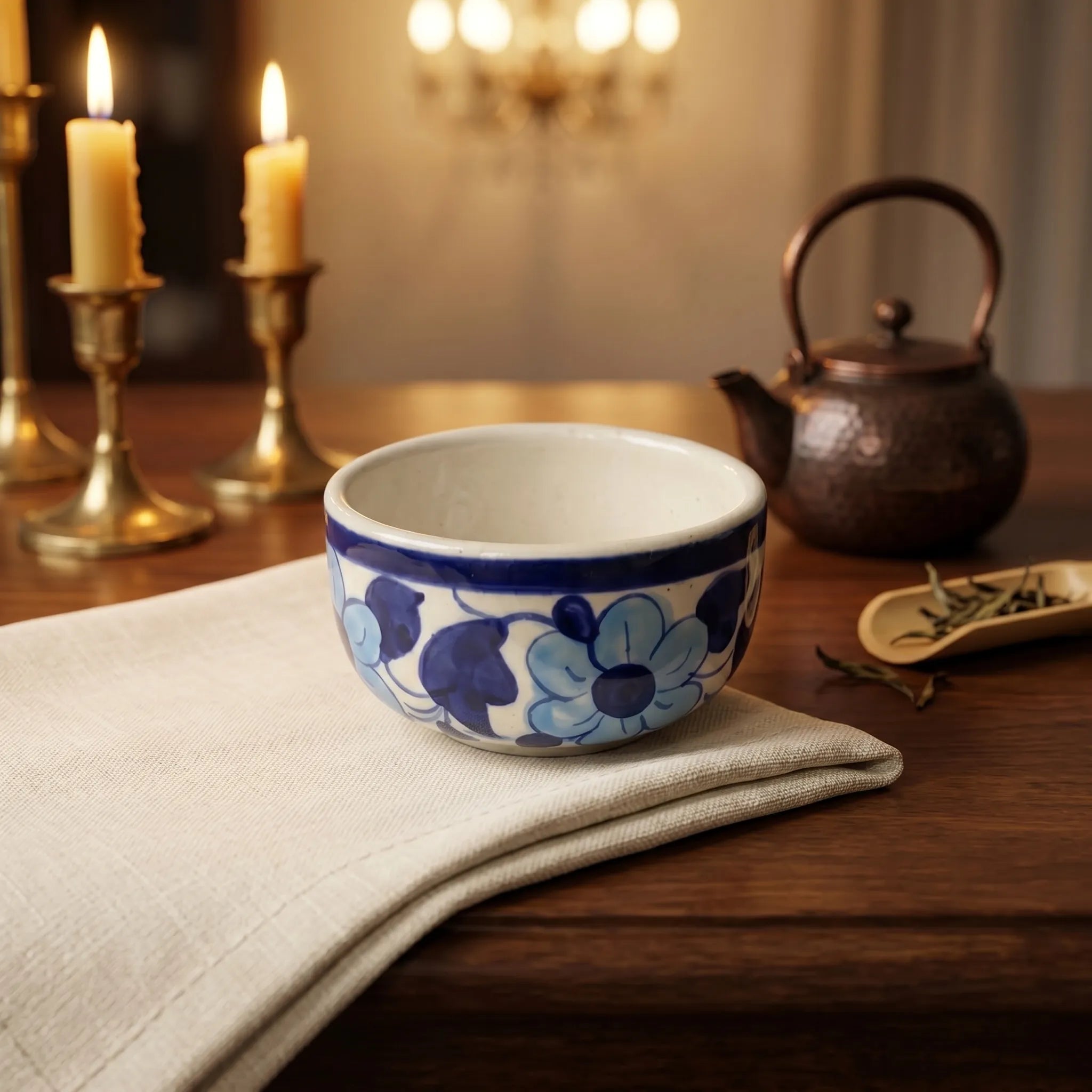 Blue Pottery Floral Small Serving Bowl - 3 Inch -Light & Dark Blue
