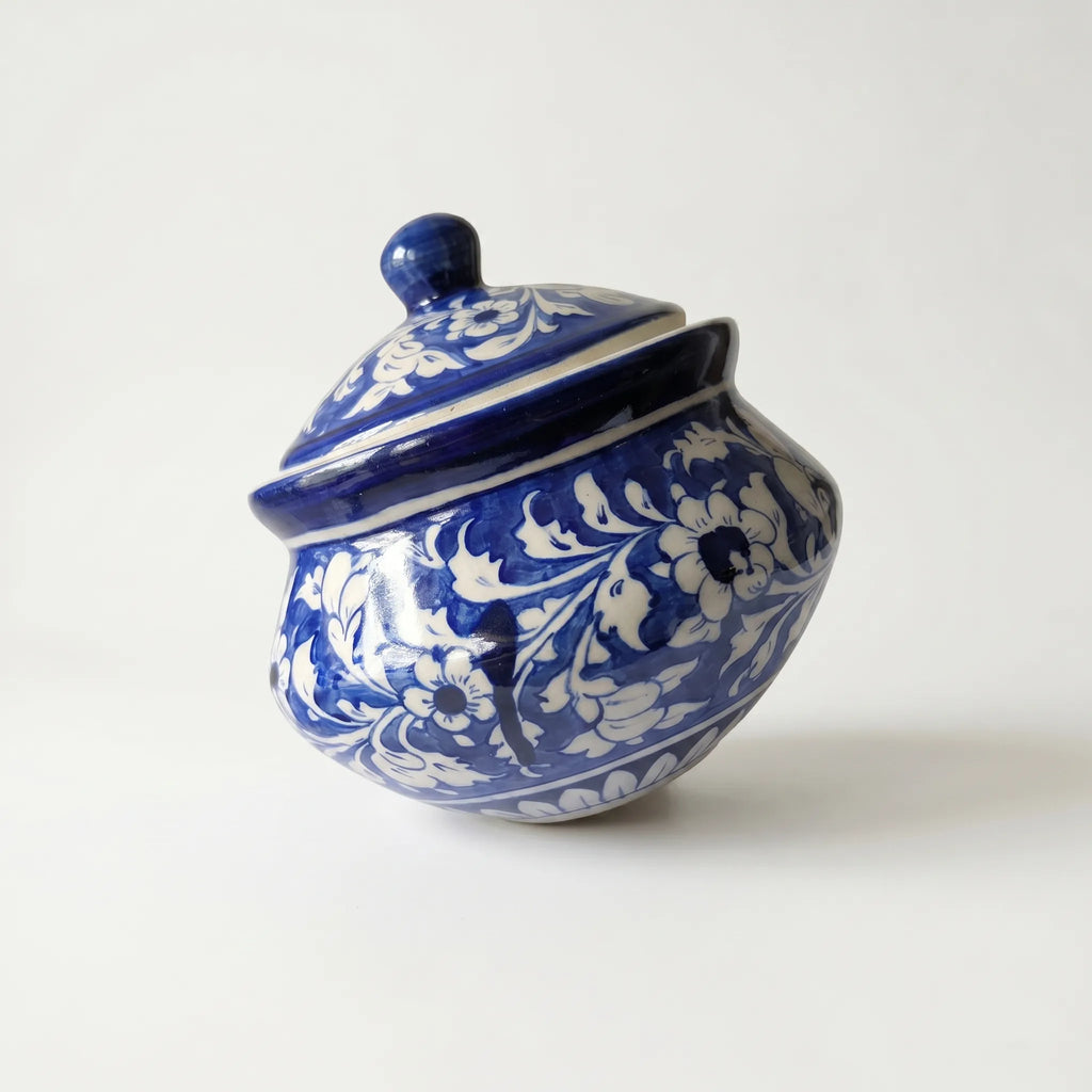 Blue Pottery Handi Serving Pot – 8” Ceramic Casserole with Lid (Cobalt Floral Design)
