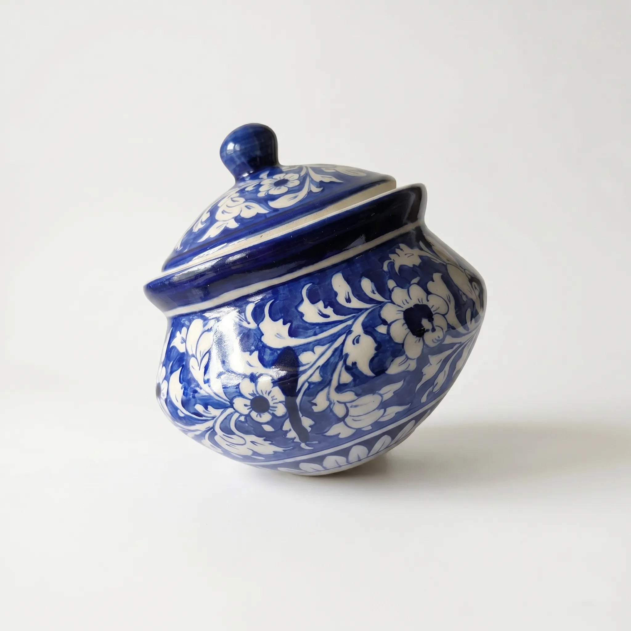 Blue Pottery Handi Serving Pot – 8” Ceramic Casserole with Lid (Cobalt Floral Design)