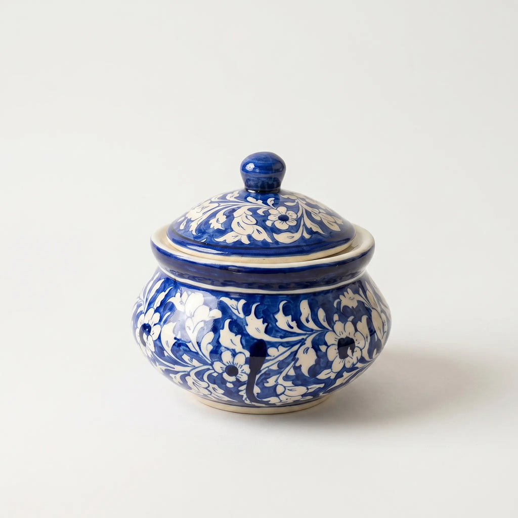 Blue Pottery Handi Serving Pot – 8” Ceramic Casserole with Lid (Cobalt Floral Design)