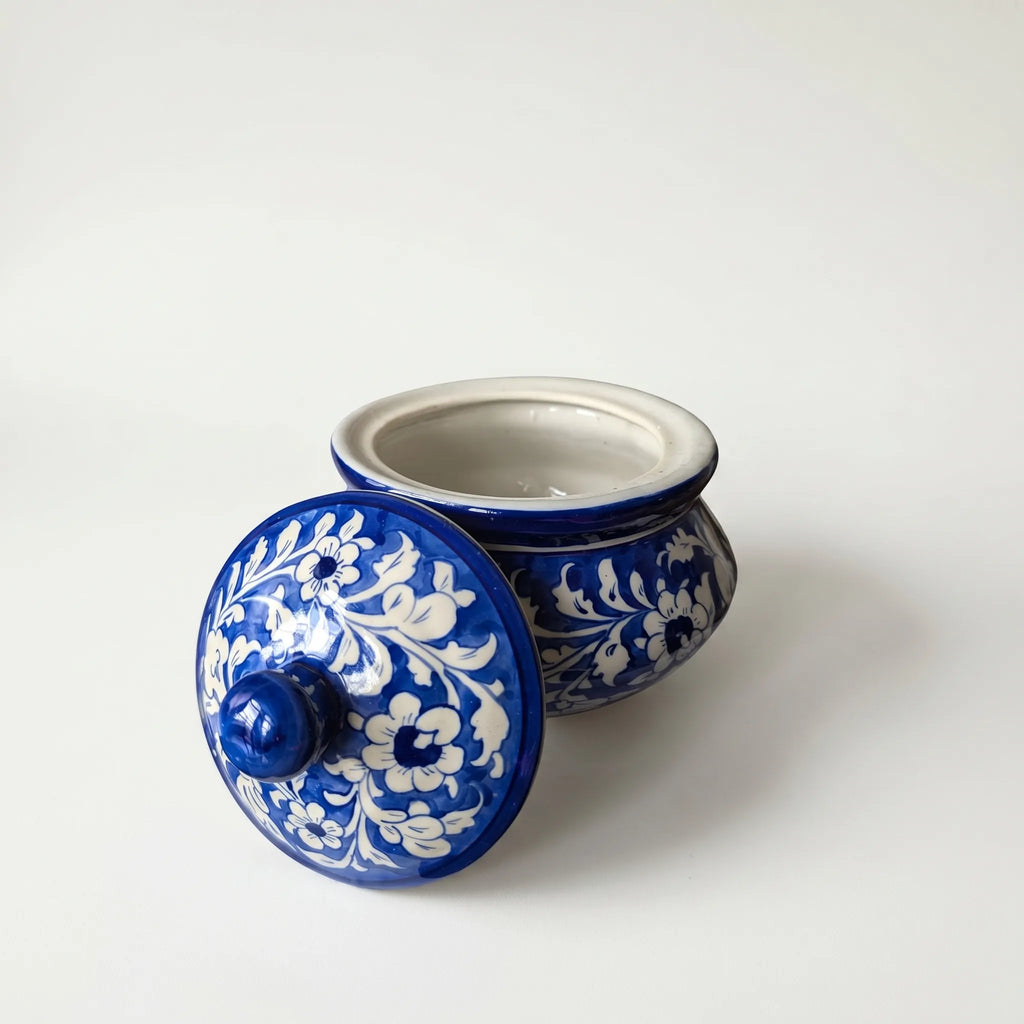 Blue Pottery Handi Serving Pot – 8” Ceramic Casserole with Lid (Cobalt Floral Design)