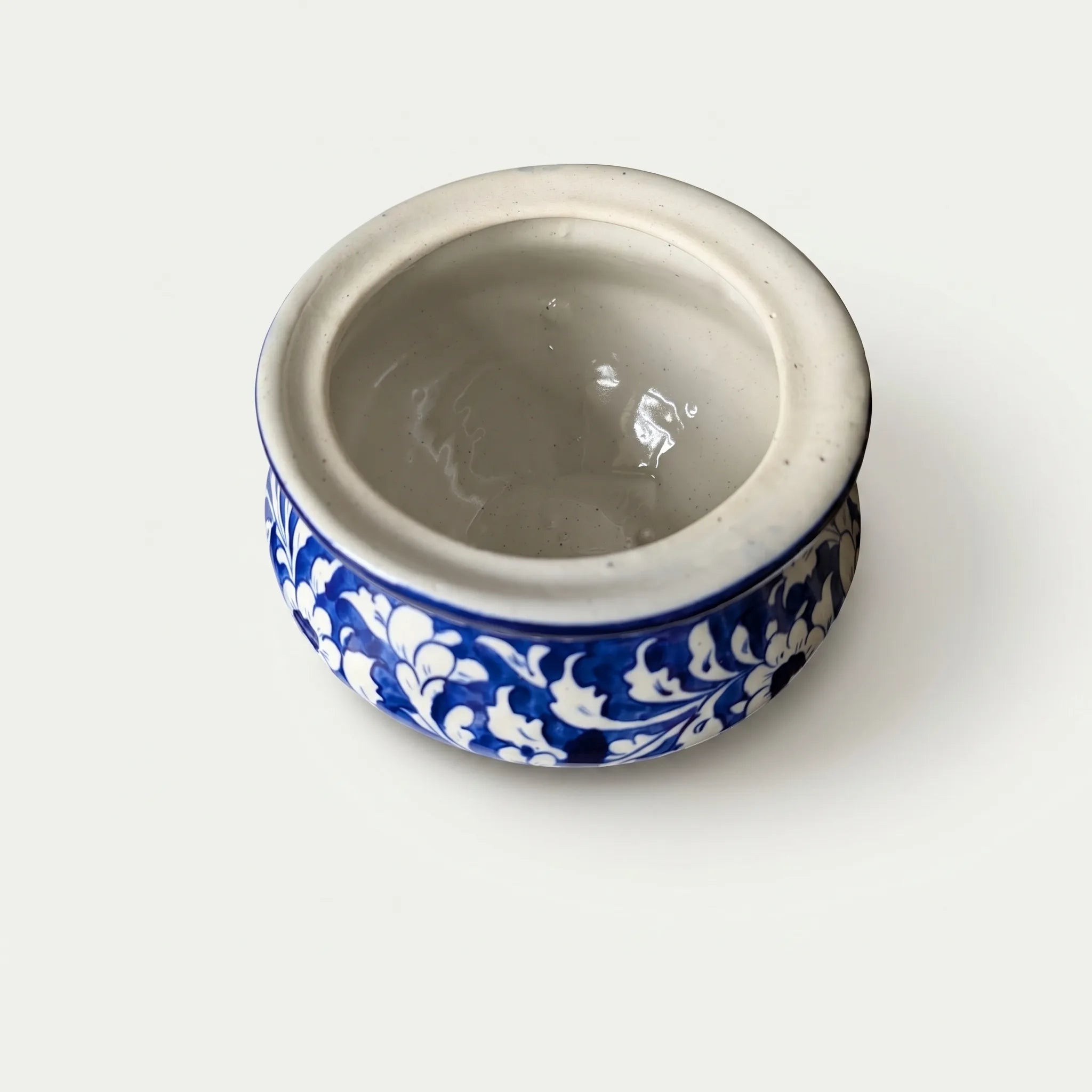 Blue Pottery Handi Serving Pot – 8” Ceramic Casserole with Lid (Cobalt Floral Design)