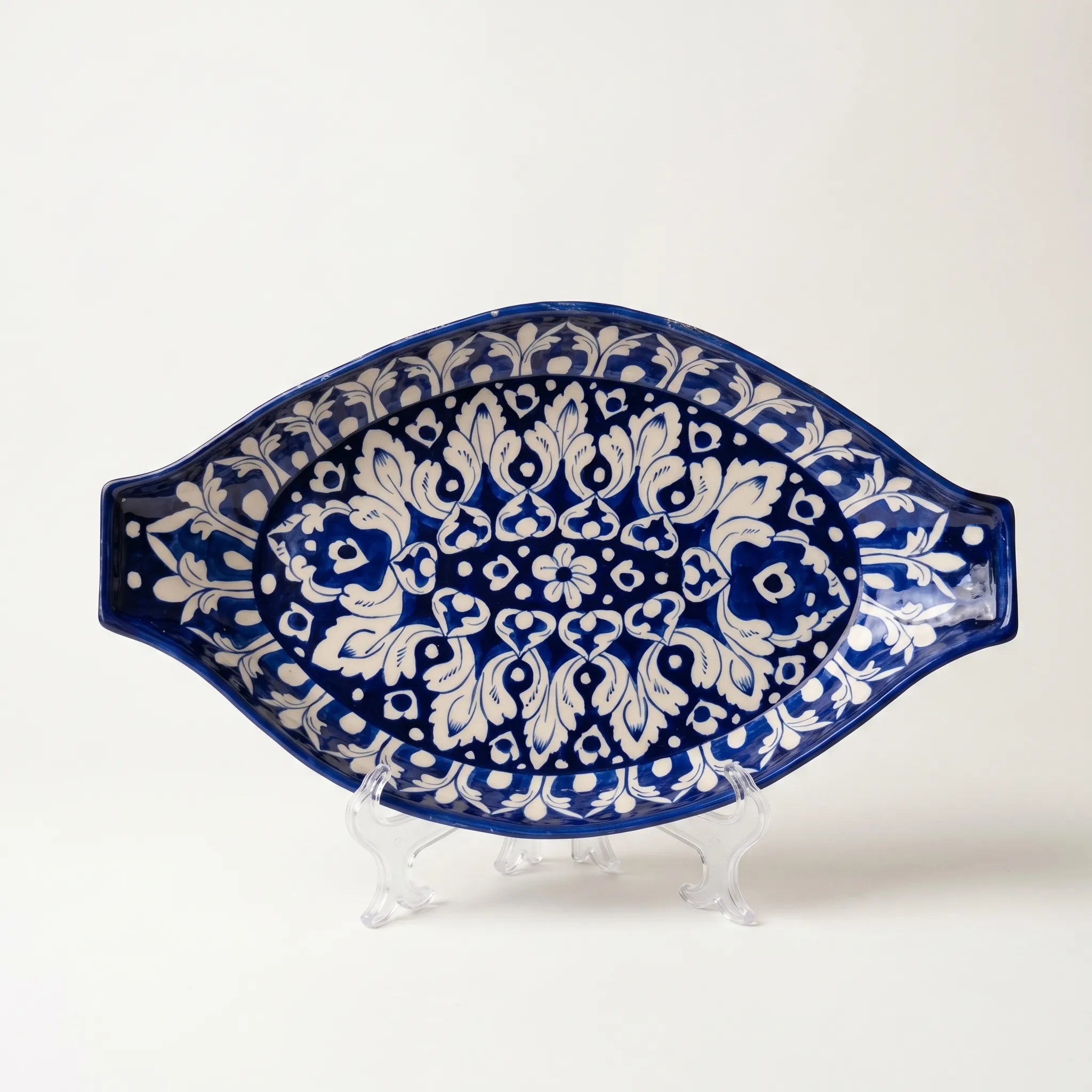 Large Blue Pottery Serving Dish – 16” Ceramic Rice Platter (Boat Shape Floral Design)