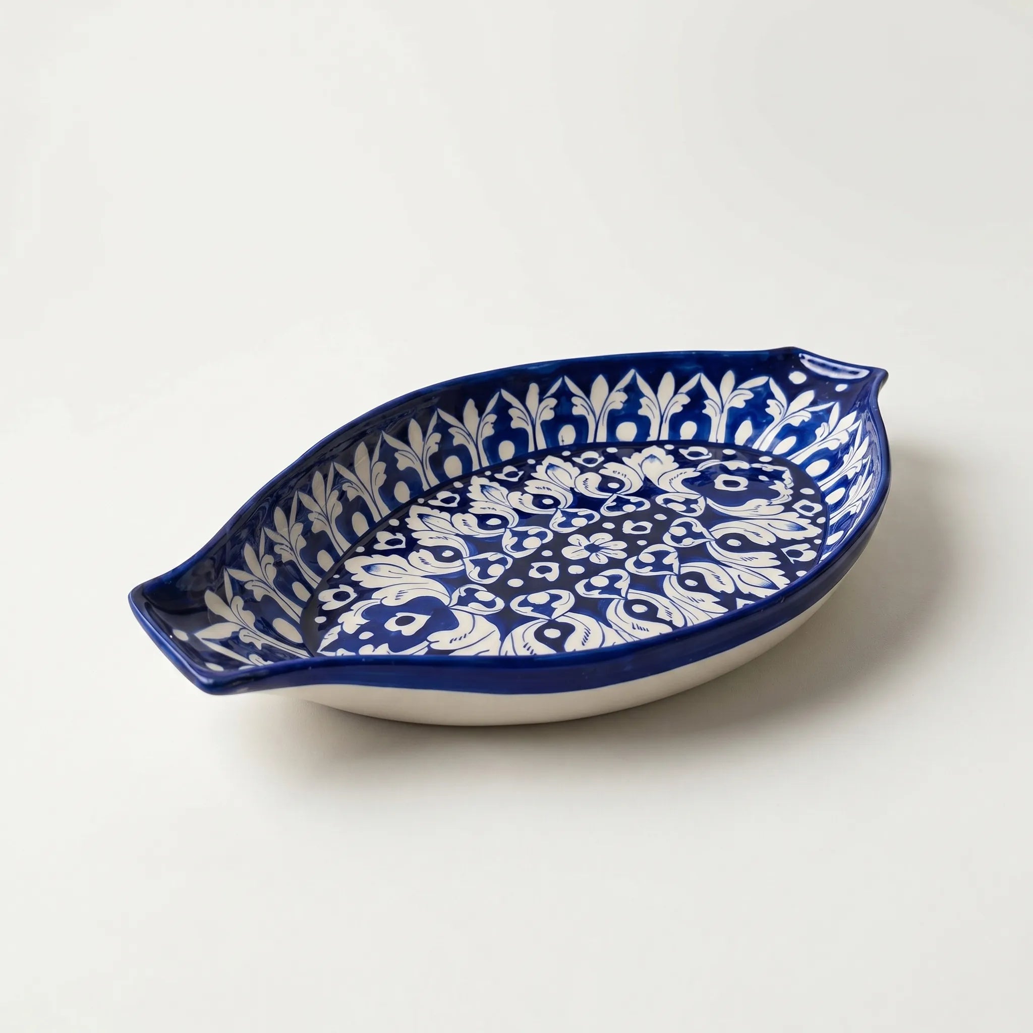 Large Blue Pottery Serving Dish – 16” Ceramic Rice Platter (Boat Shape Floral Design)