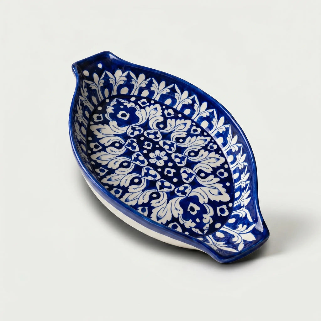 Large Blue Pottery Serving Dish – 16” Ceramic Rice Platter (Boat Shape Floral Design)