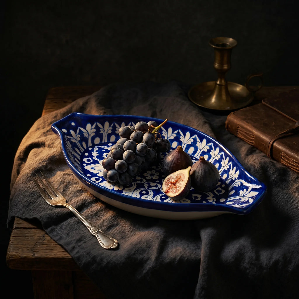 Large Blue Pottery Serving Dish – 16” Ceramic Rice Platter (Boat Shape Floral Design)