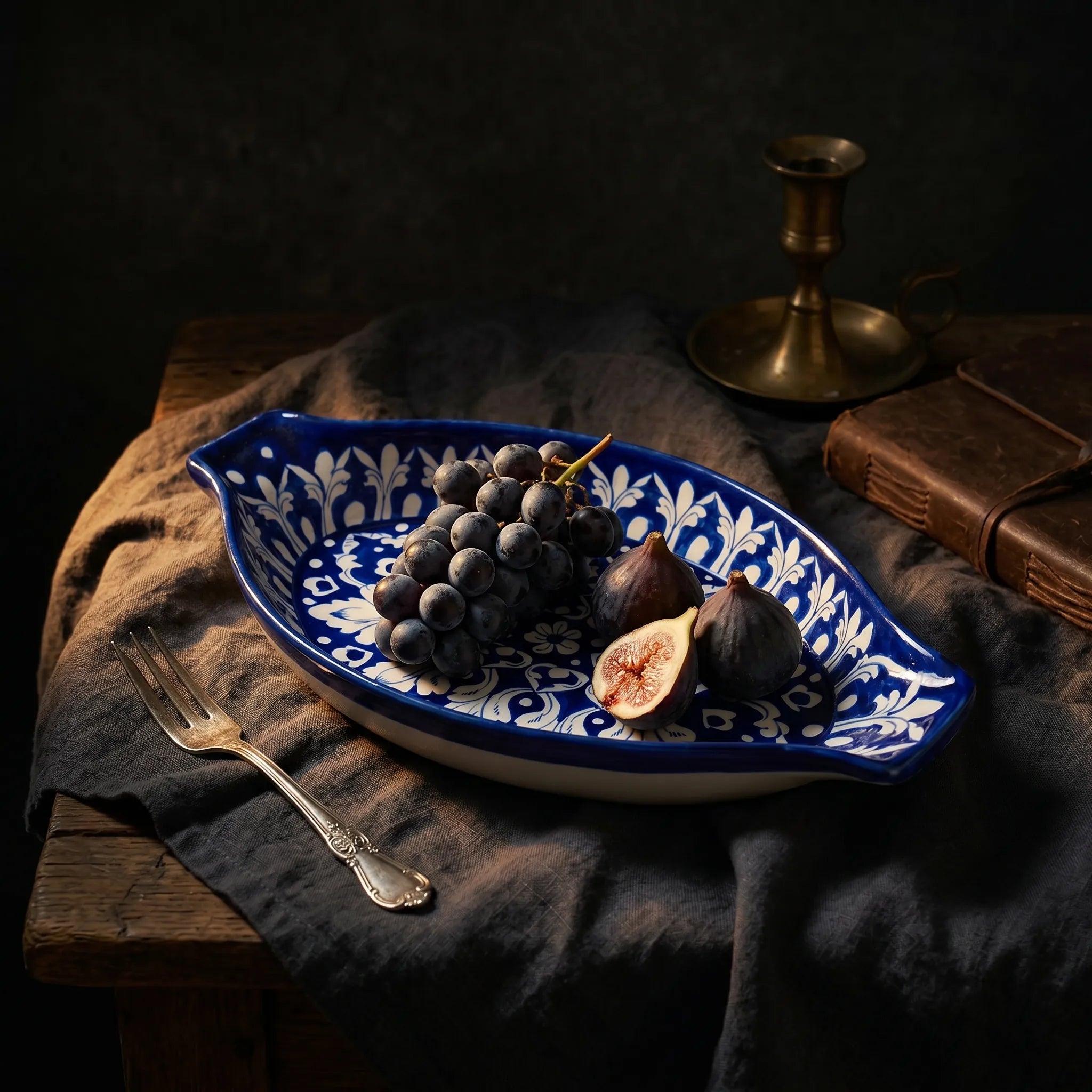 Large Blue Pottery Serving Dish – 16” Ceramic Rice Platter (Boat Shape Floral Design)