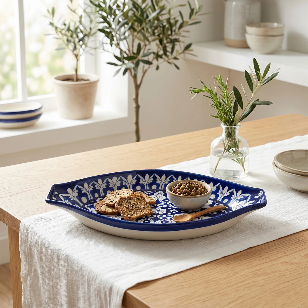 Large Blue Pottery Serving Dish – 16” Ceramic Rice Platter (Boat Shape Floral Design)