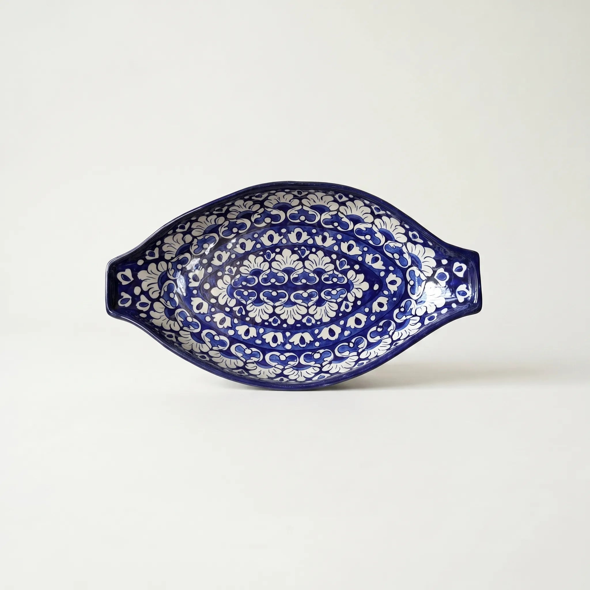 Blue Pottery Serving Dish – 16” Ceramic Rice Platter (Deep Cobalt Floral Design)