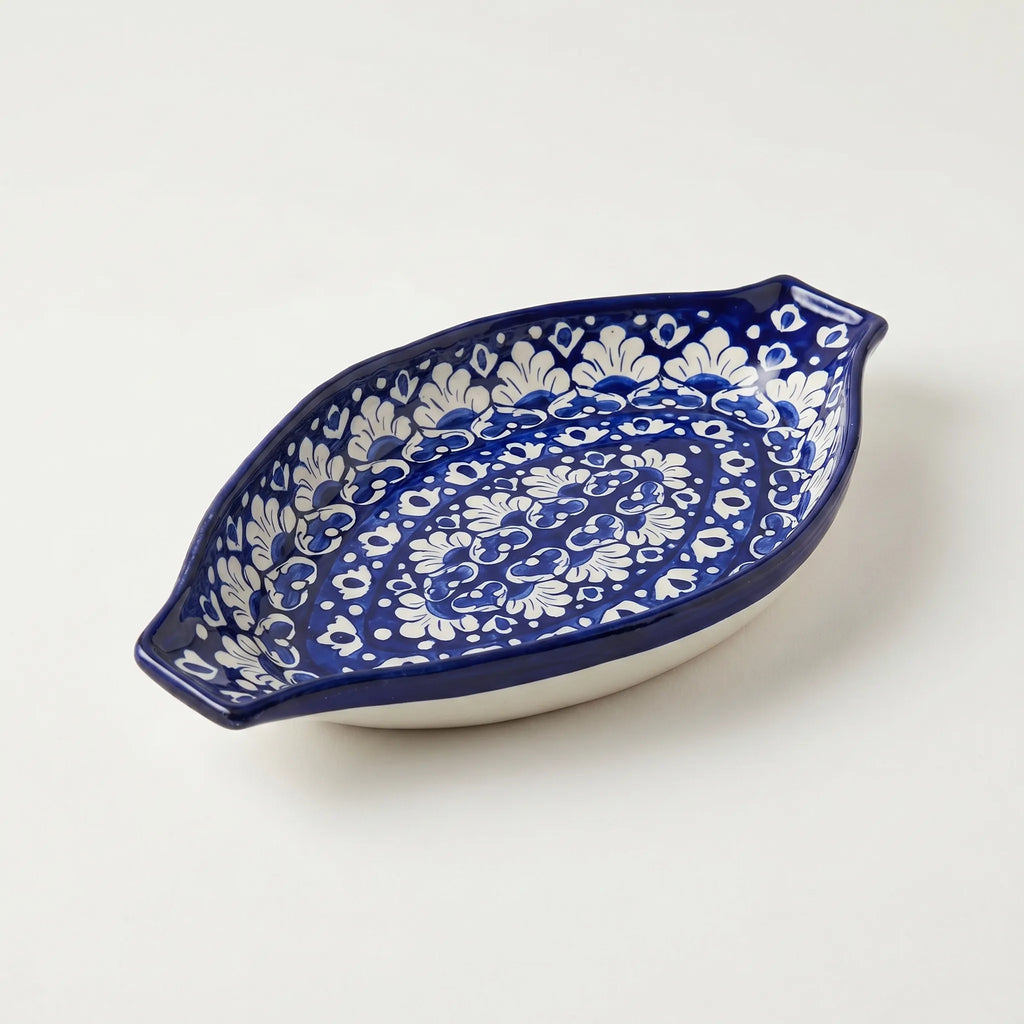 Blue Pottery Serving Dish – 16” Ceramic Rice Platter (Deep Cobalt Floral Design)