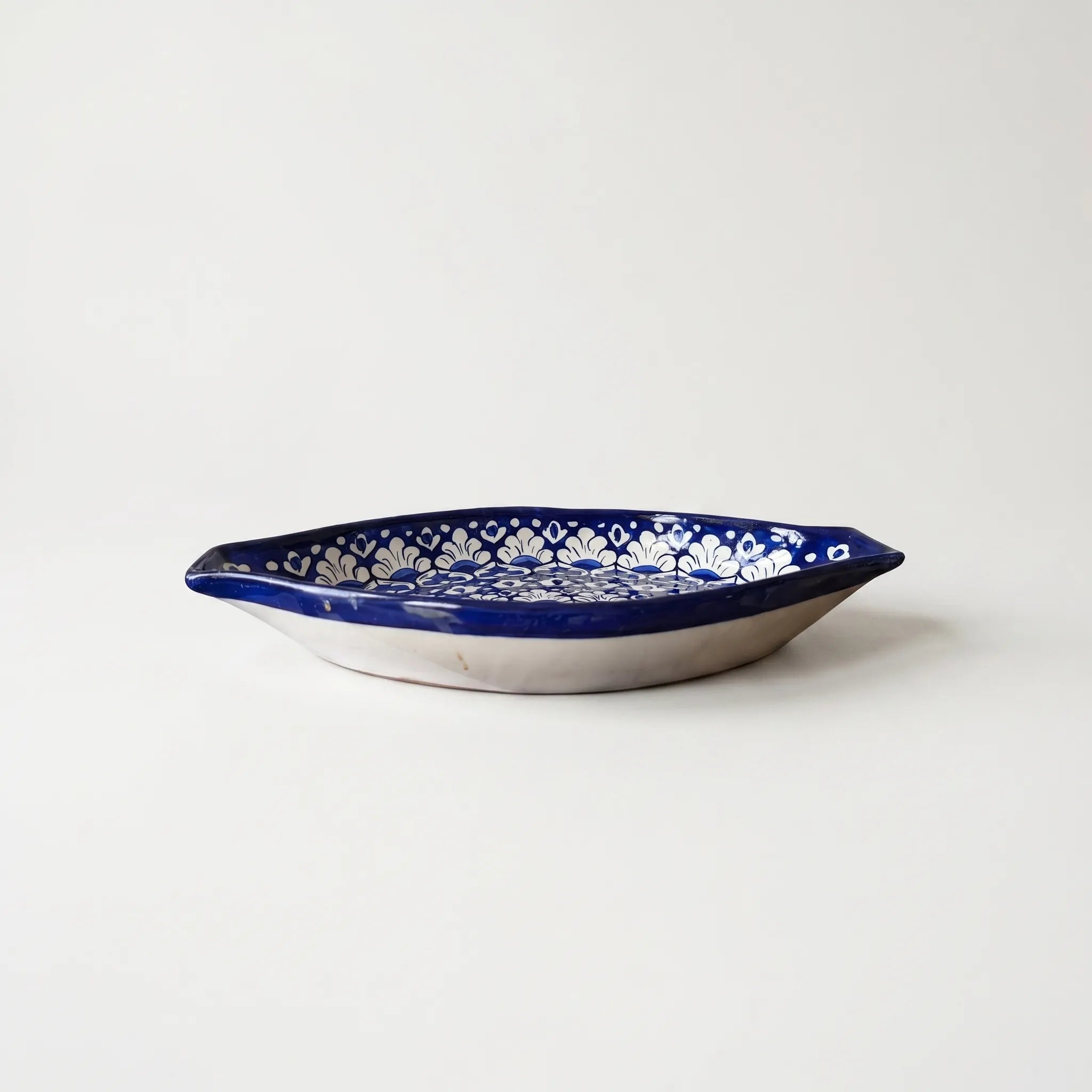 Blue Pottery Serving Dish – 16” Ceramic Rice Platter (Deep Cobalt Floral Design)