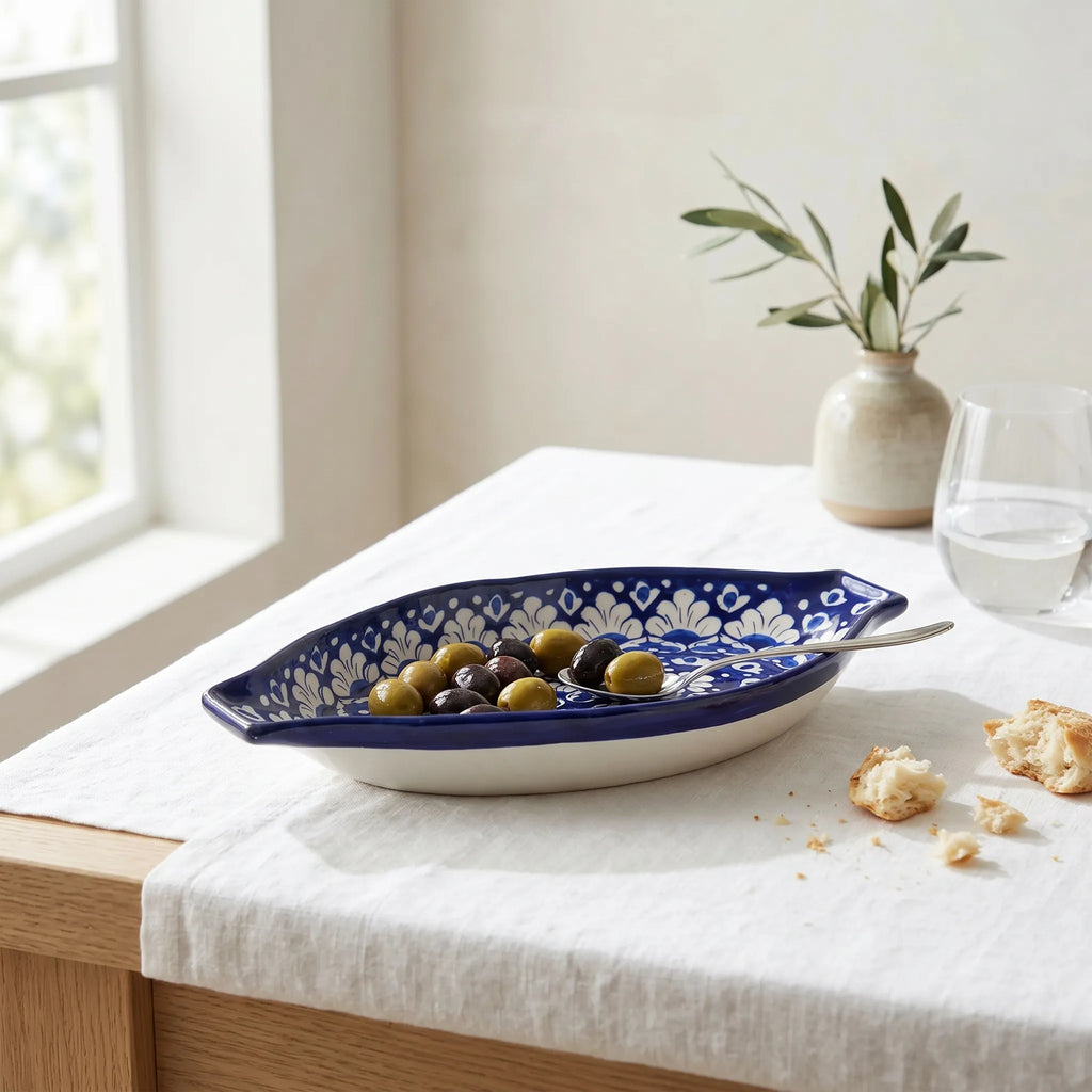Blue Pottery Serving Dish – 16” Ceramic Rice Platter (Deep Cobalt Floral Design)