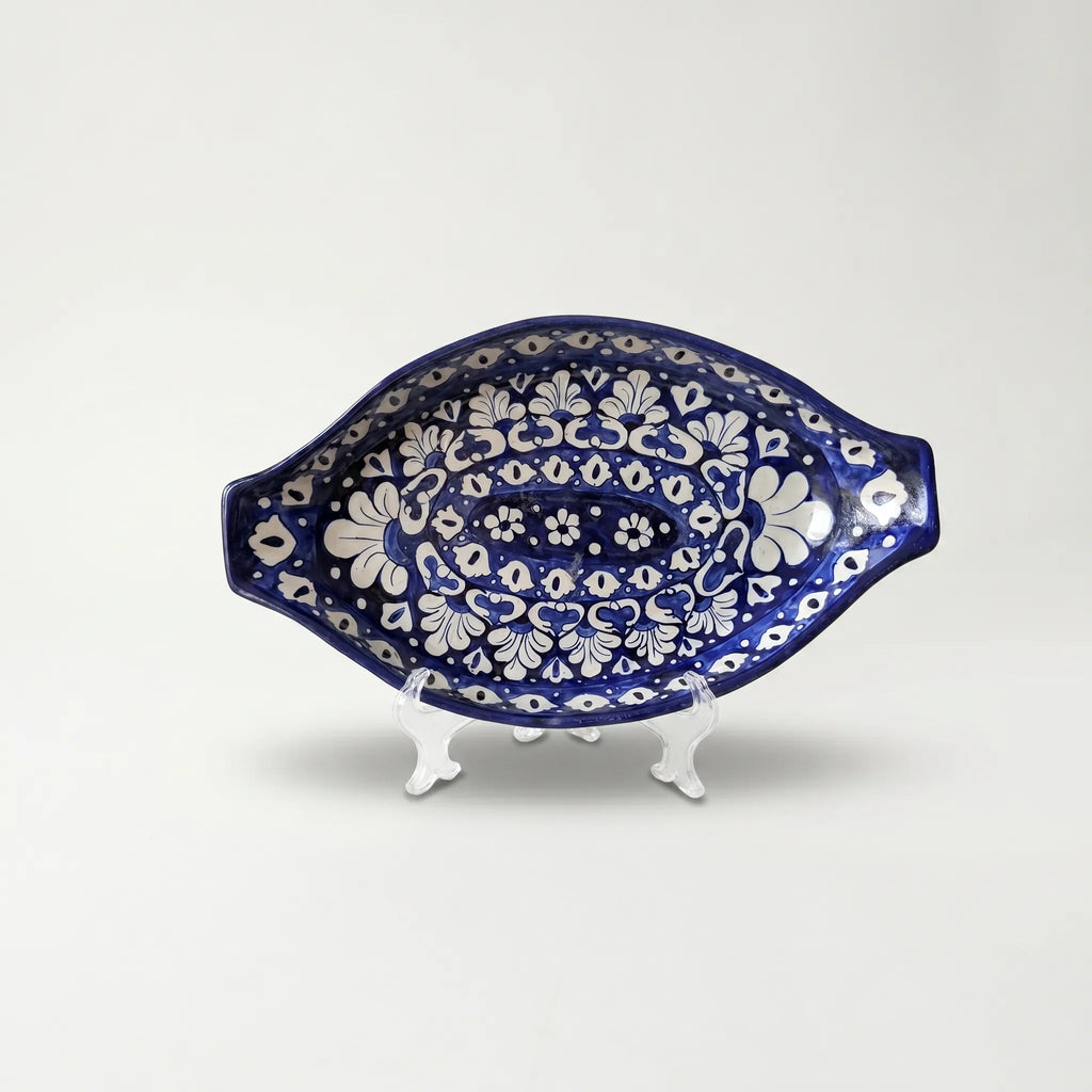 Blue Pottery Serving Dish – 16” Ceramic Rice Platter (Blue Floral Design)
