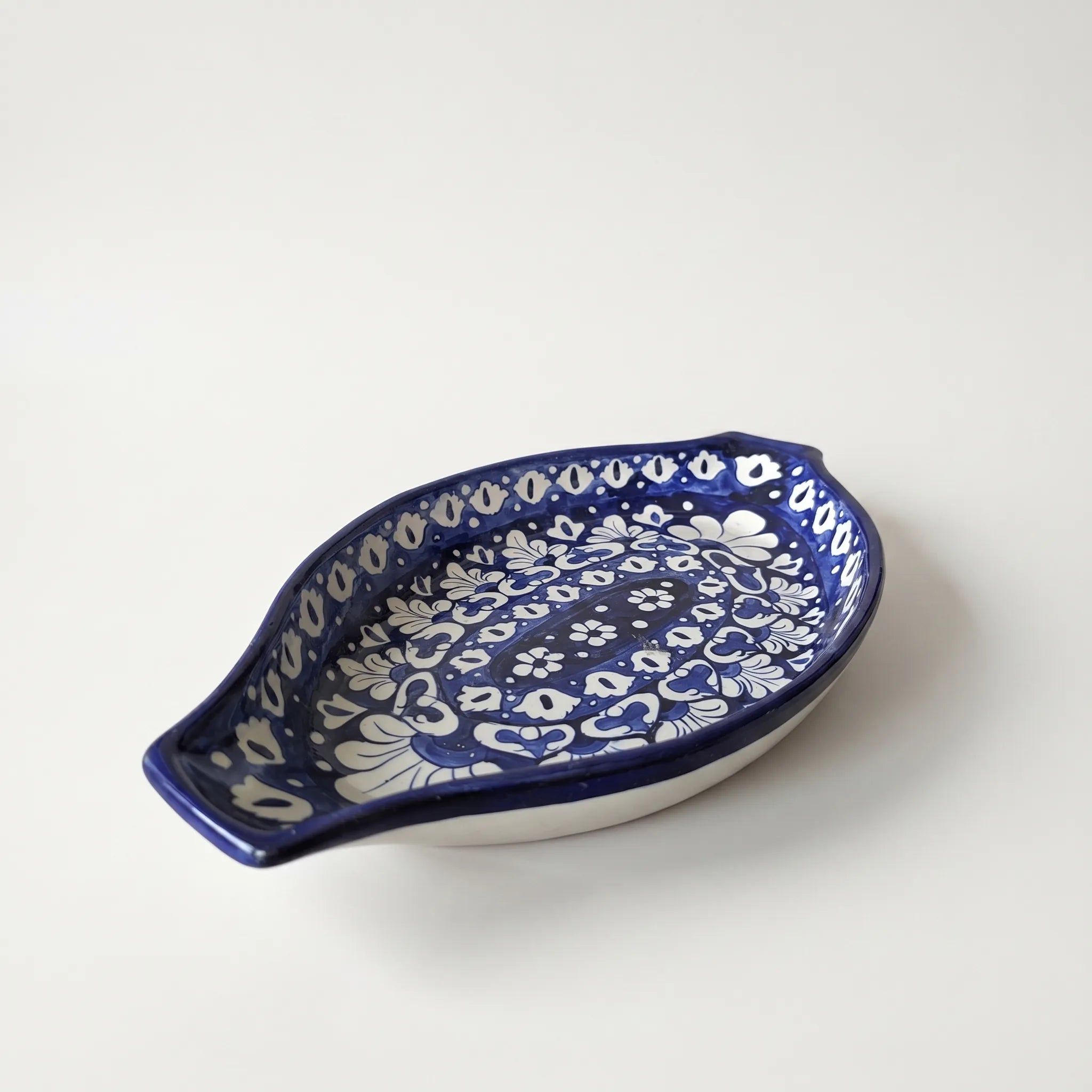 Blue Pottery Serving Dish – 16” Ceramic Rice Platter (Blue Floral Design)
